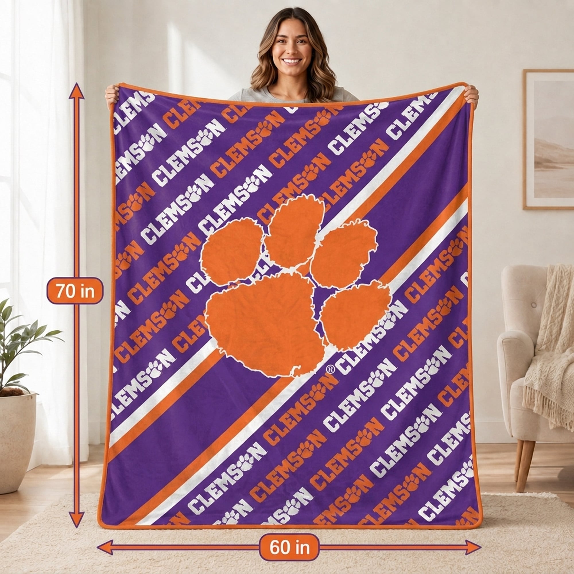 Couverture ultra douce Pegasus Clemson Tigers 60" x 70" (diagonale) avec logo et doublure