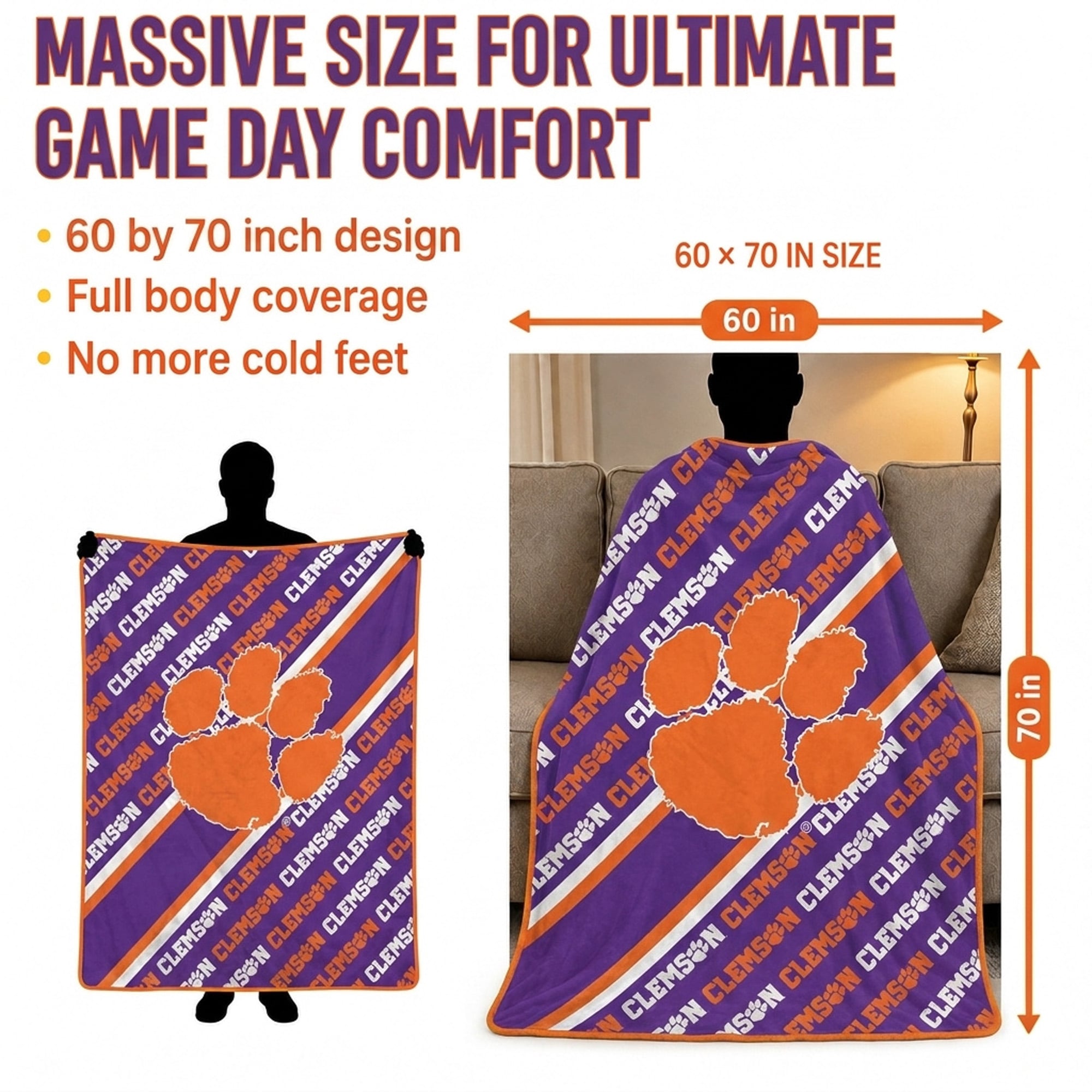 Couverture ultra douce Pegasus Clemson Tigers 60" x 70" (diagonale) avec logo et doublure