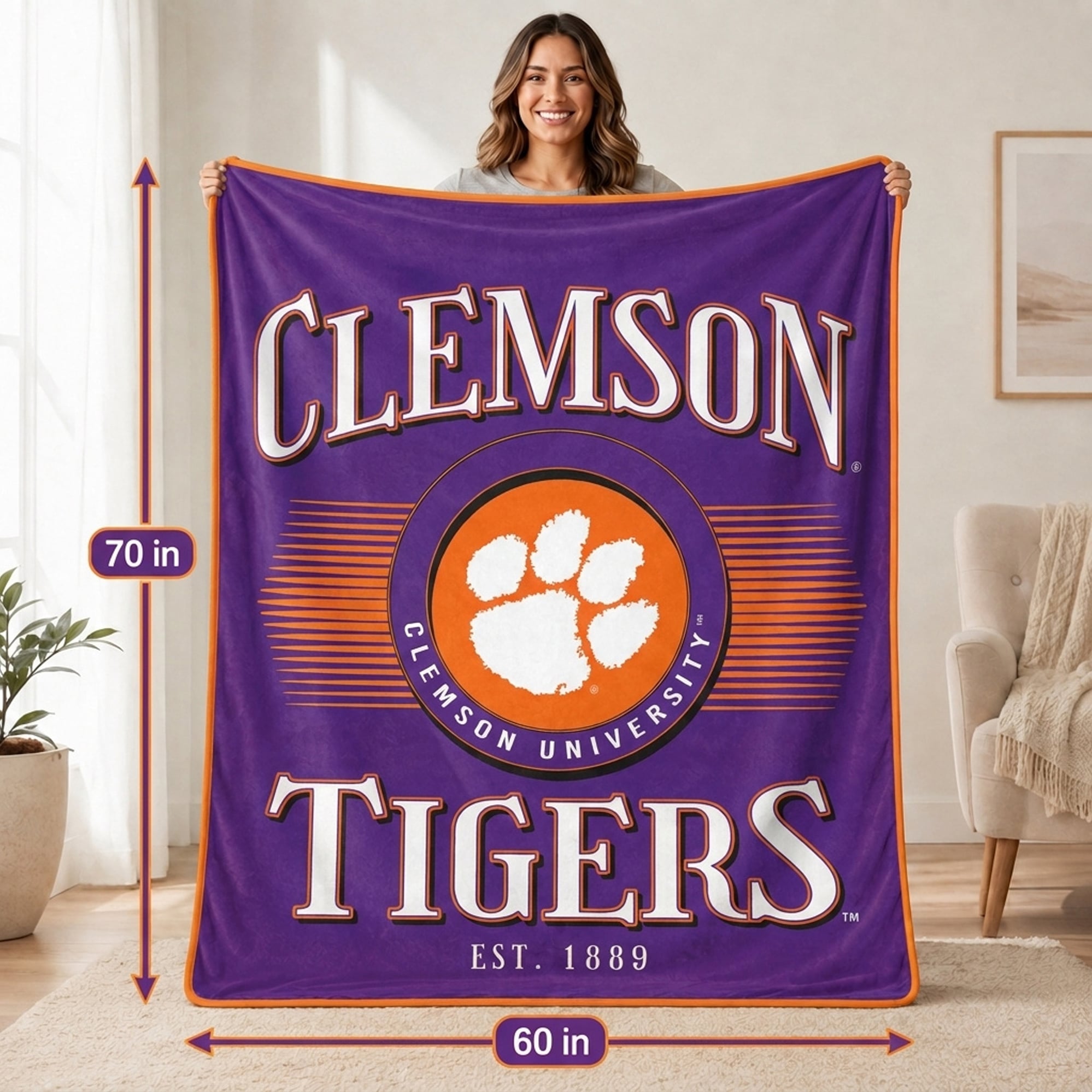 Couverture ultra douce Pegasus Clemson Tigers Spotlight Arch 60" x 70"