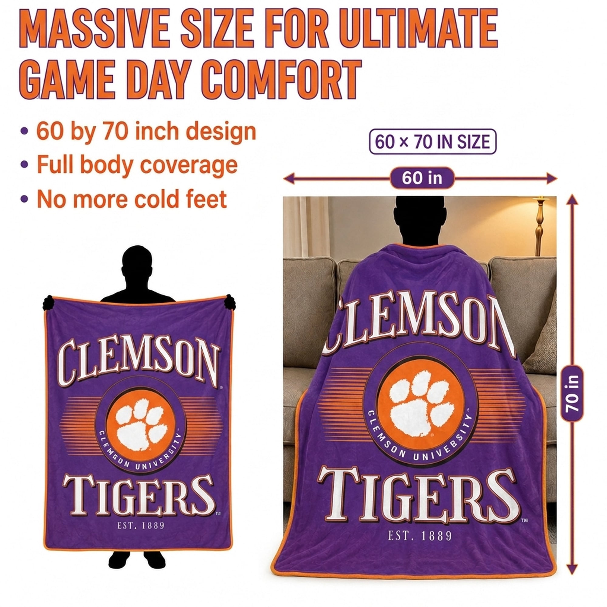 Couverture ultra douce Pegasus Clemson Tigers Spotlight Arch 60" x 70"