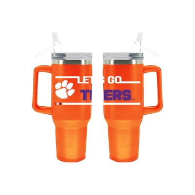 Gobelet isotherme de 1,2 L (40 oz) en acier inoxydable aux couleurs de l'équipe Clemson Tigers, avec paille rabattable, de la marque The Memory Company.