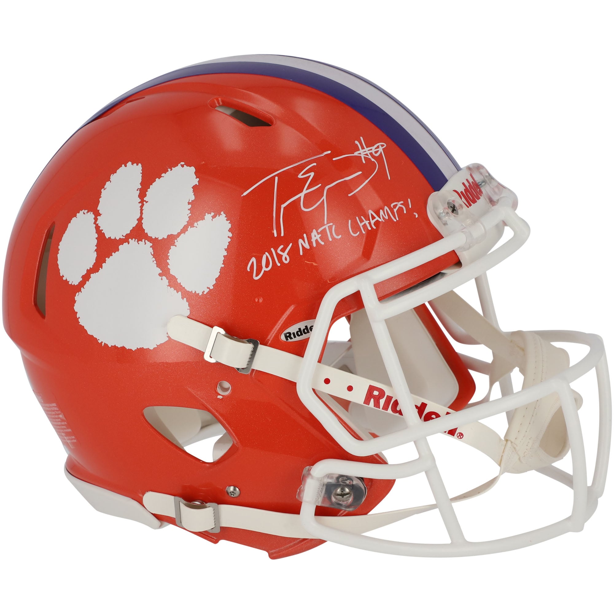 Casque authentique de vitesse autographié par Travis Etienne Clemson Tigers avec inscription « 2018 NATL CHAMPS »