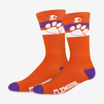 Chaussettes montantes unisexes Starter aux couleurs de l'équipe des Clemson Tigers, à deux bandes.
