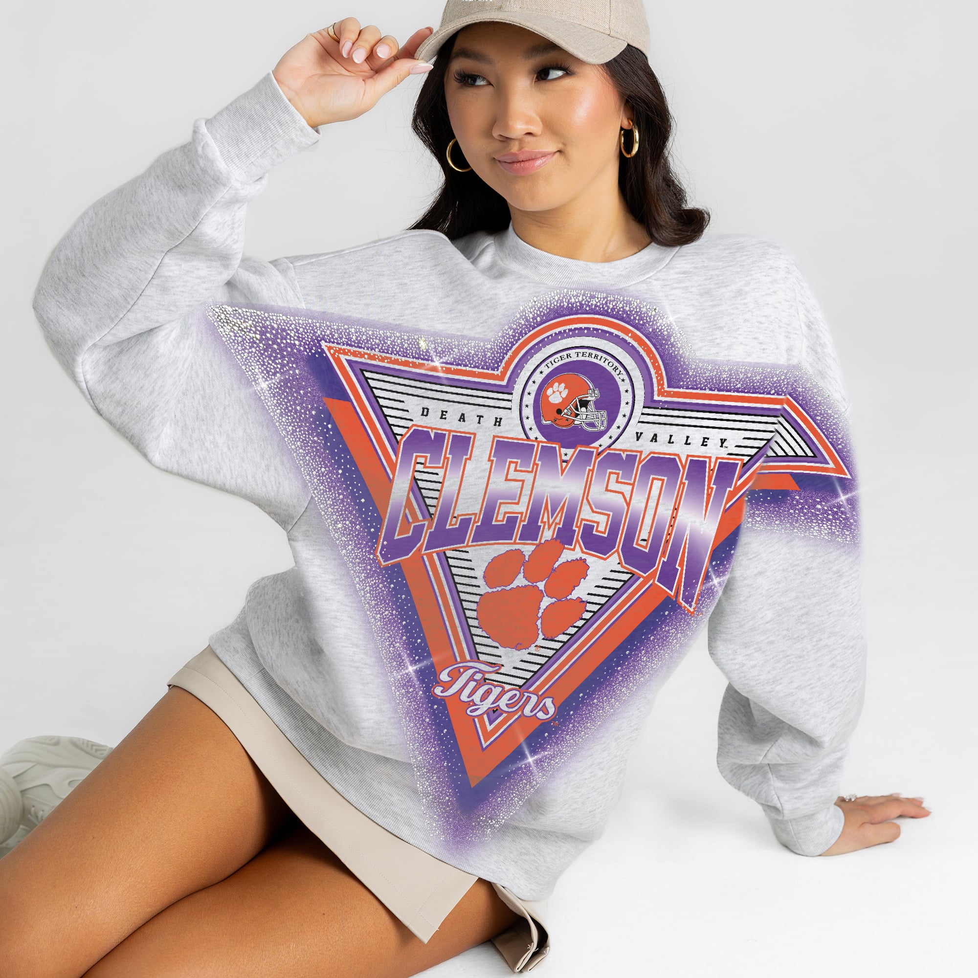 Women's Gameday Couture Gray Clemson Tigers Chasing Victory Rhinestone Spray Oversized Fleece Sweatshirt