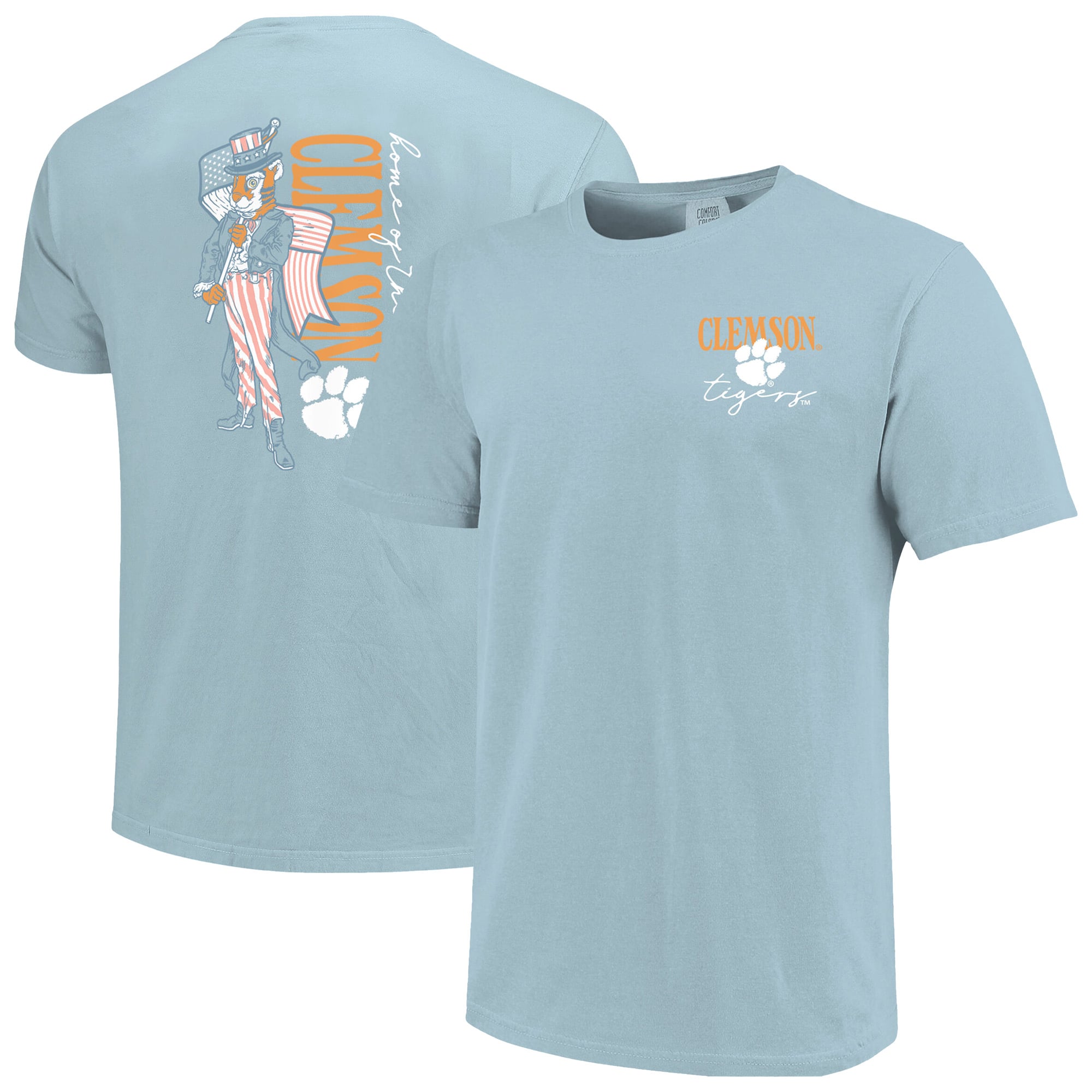 T-shirt Comfort Colors bleu clair pour femme, motif mascotte des Clemson Tigers, style américain