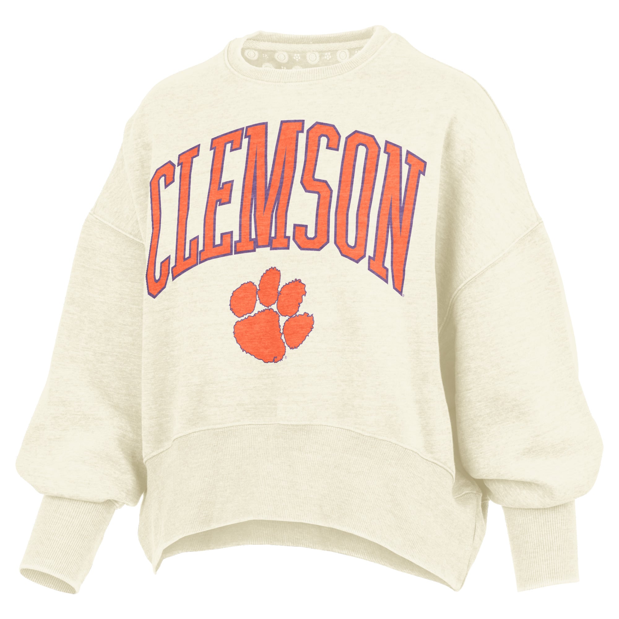 Women's Pressbox Natural Clemson Tigers Oversized Waist-Length Crewneck Sweatshirt