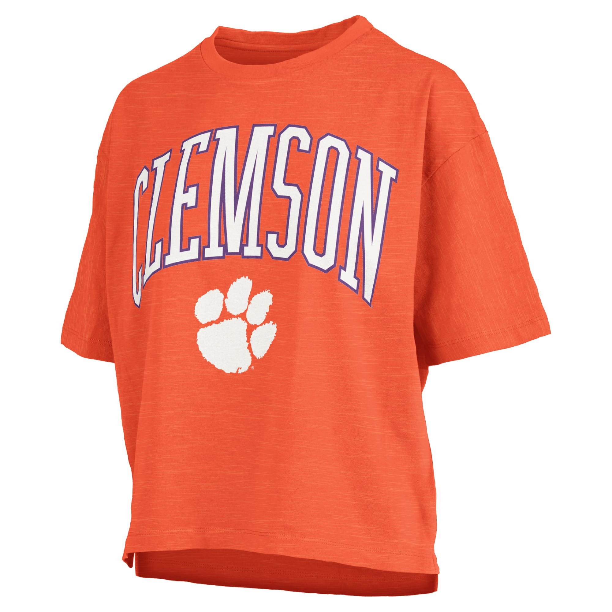 T-shirt oversize Pressbox Orange Clemson Tigers pour femmes, logo Nelson Arch Over, en tissu flammé.