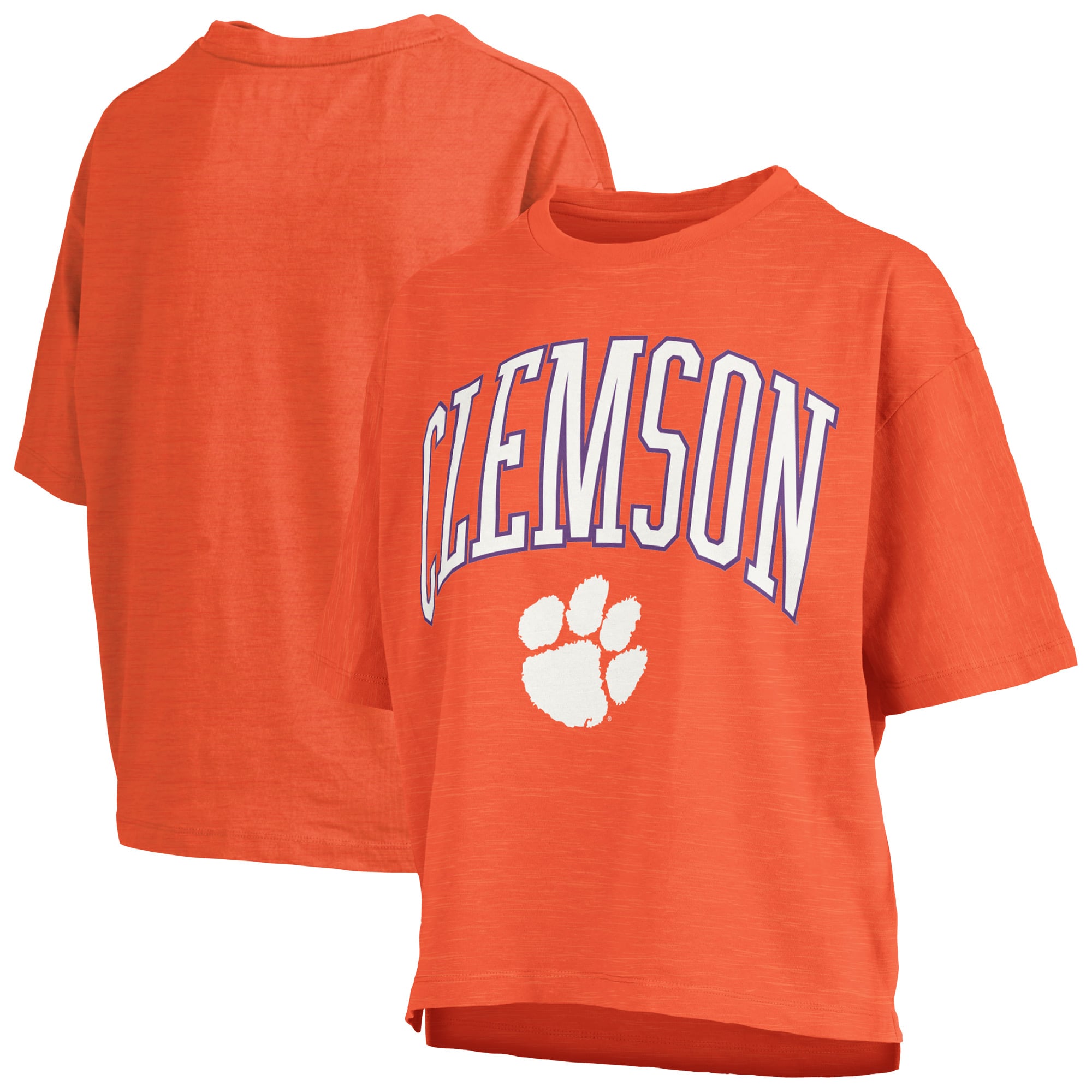 T-shirt oversize Pressbox Orange Clemson Tigers pour femmes, logo Nelson Arch Over, en tissu flammé.