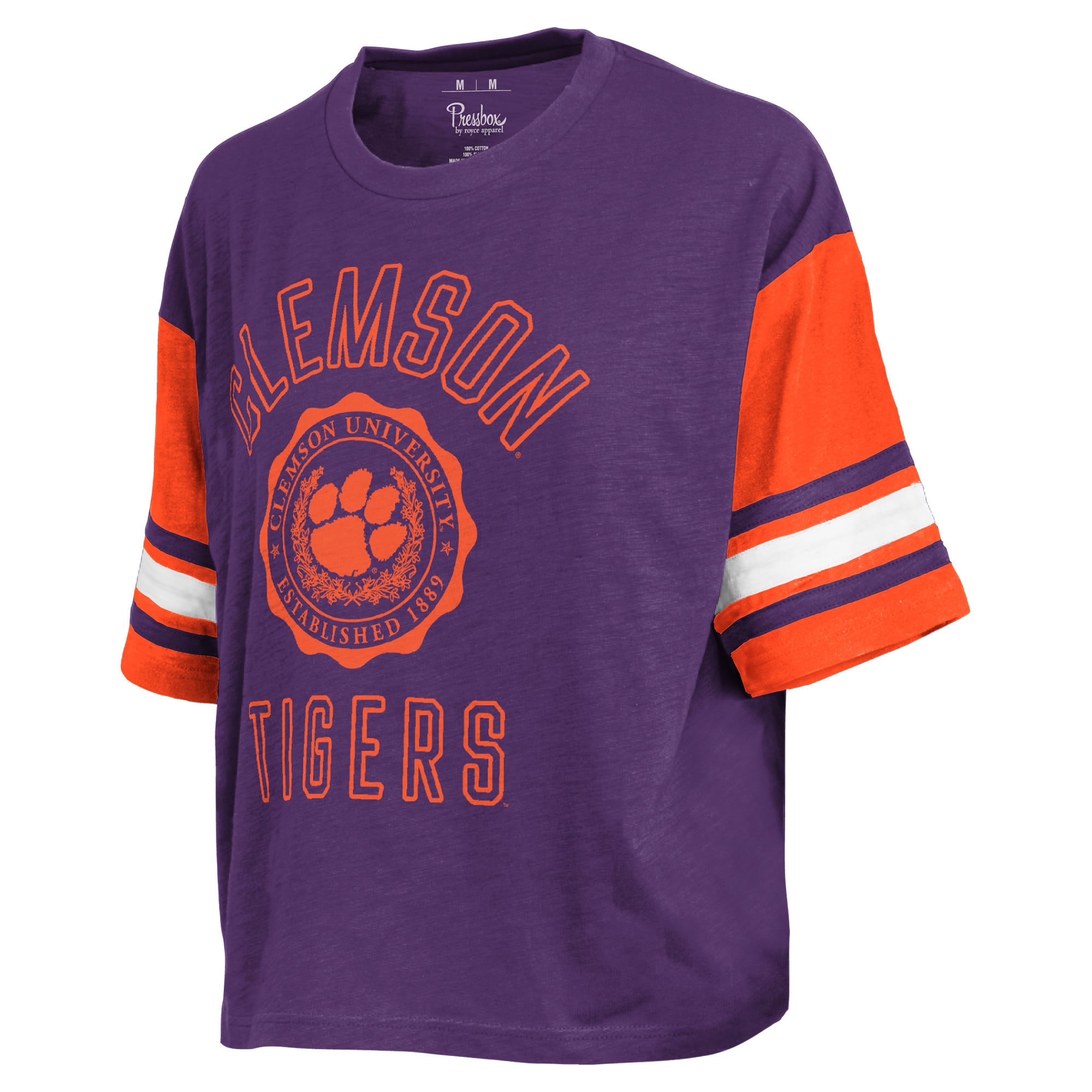 T-shirt Pressbox violet pour femmes, motif sceau colorblock Clemson Tigers du dimanche