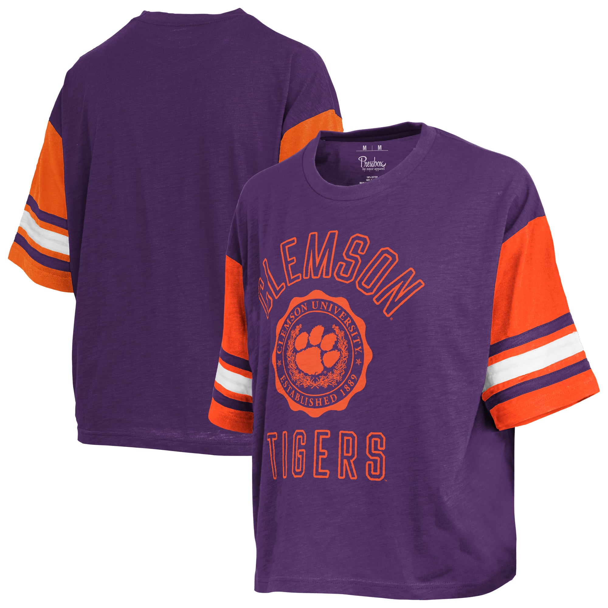 T-shirt Pressbox violet pour femmes, motif sceau colorblock Clemson Tigers du dimanche