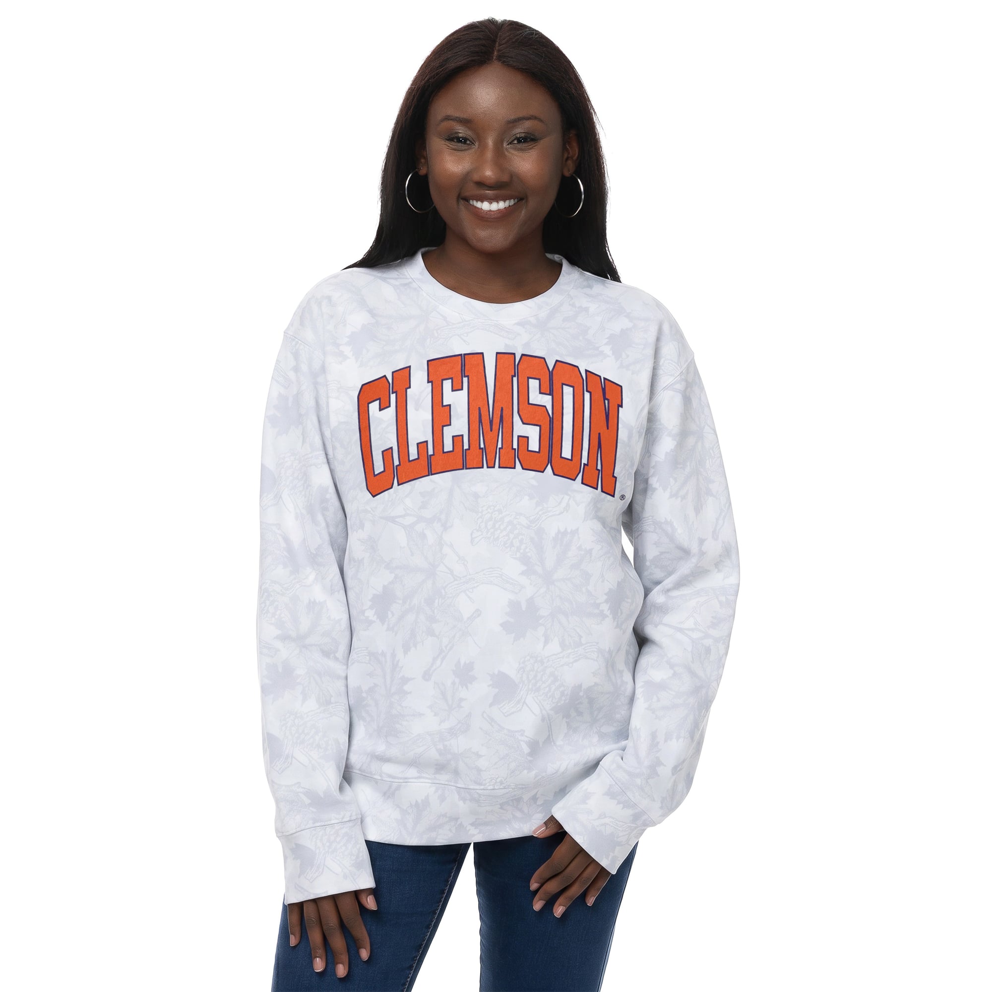 Women's ZooZatz  Gray Clemson Tigers Camo Arch Logo Fleece Crewneck Sweatshirt