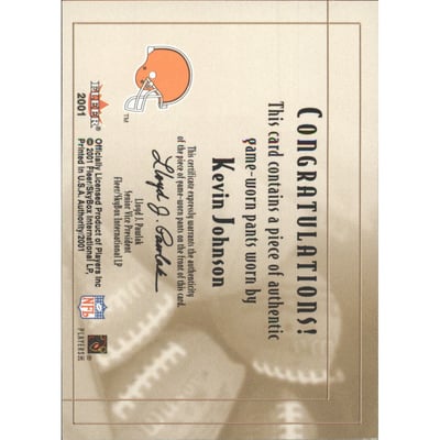 2001 Fleer Authority Goal Line Gear #25 Kevin Johnson Hat/100