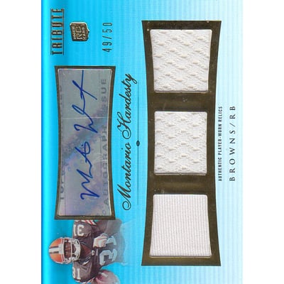 2010 Topps Tribute Autographed Triple Relics Blue #ATRMHA Montario Hardesty