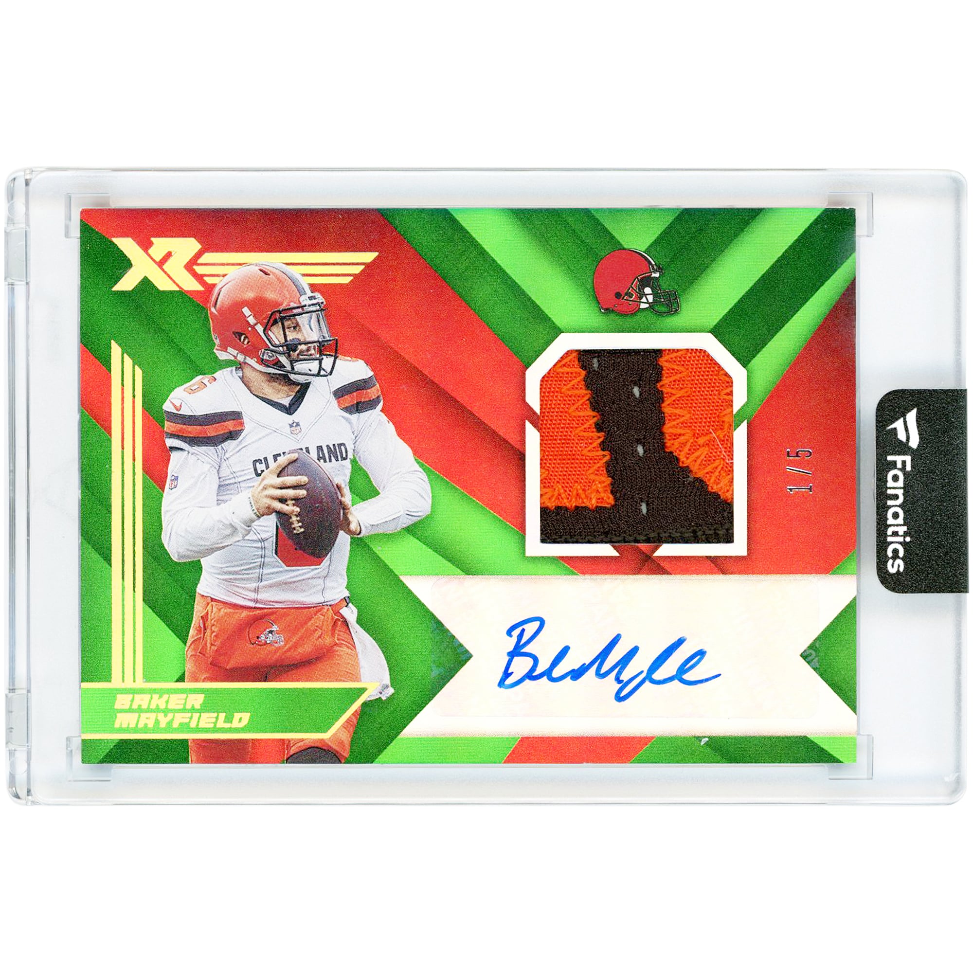 Carte autographiée Baker Mayfield Cleveland Browns 2019 Panini XR Green Swatches Dual-Color Jersey Relic #AS-BM #1/5