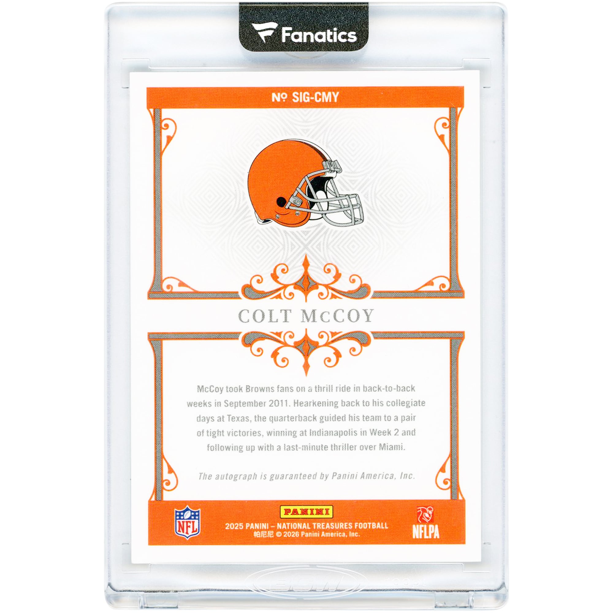 Colt McCoy Cleveland Browns Autographed 2025 Panini National Treasures Emerald Signatures #SIG-CMY #4/5 Card