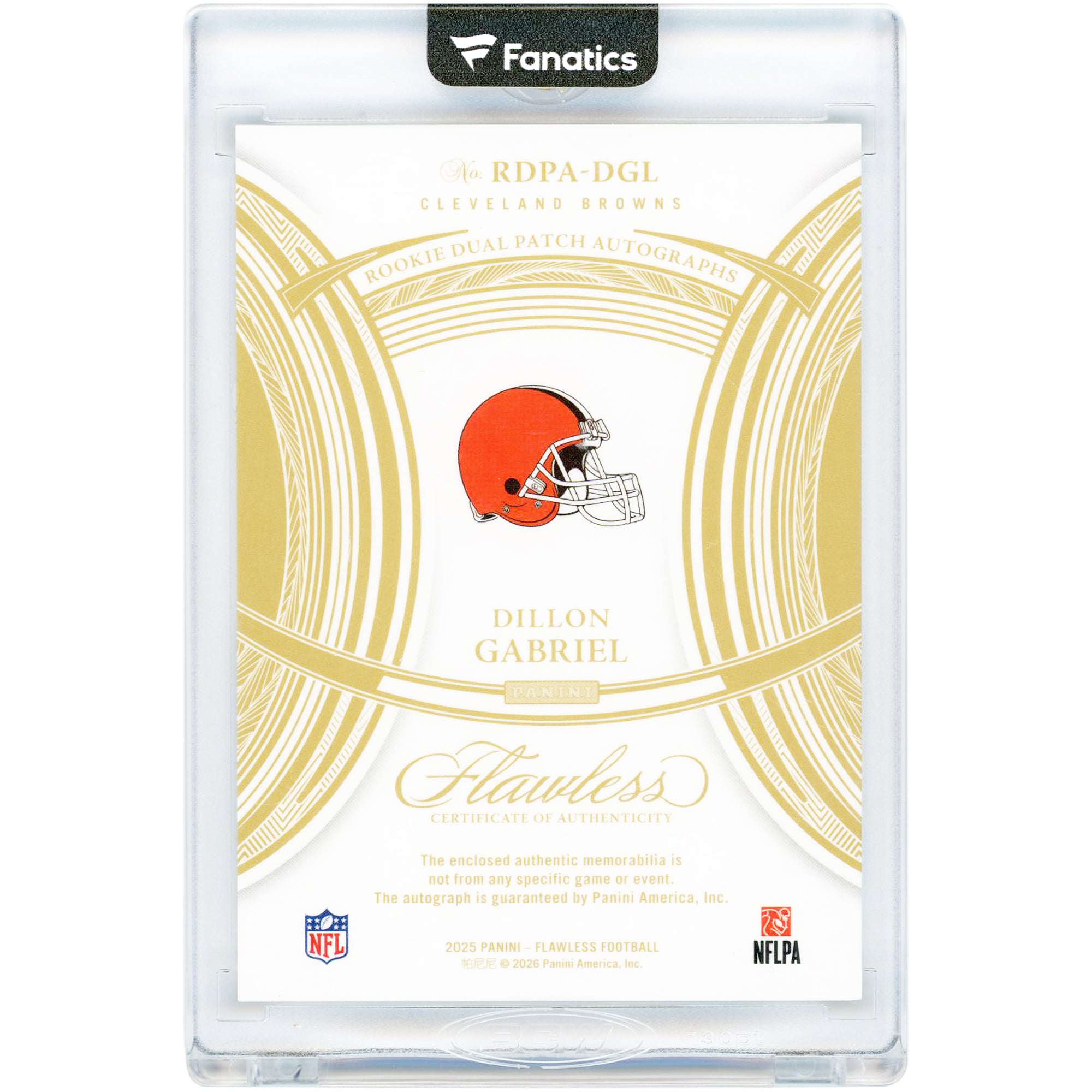 Carte de recrue autographiée Dillon Gabriel des Cleveland Browns 2025 Panini Flawless Sapphire Dual Patch Tri-Color Relics #RDPA-DGL #6/10