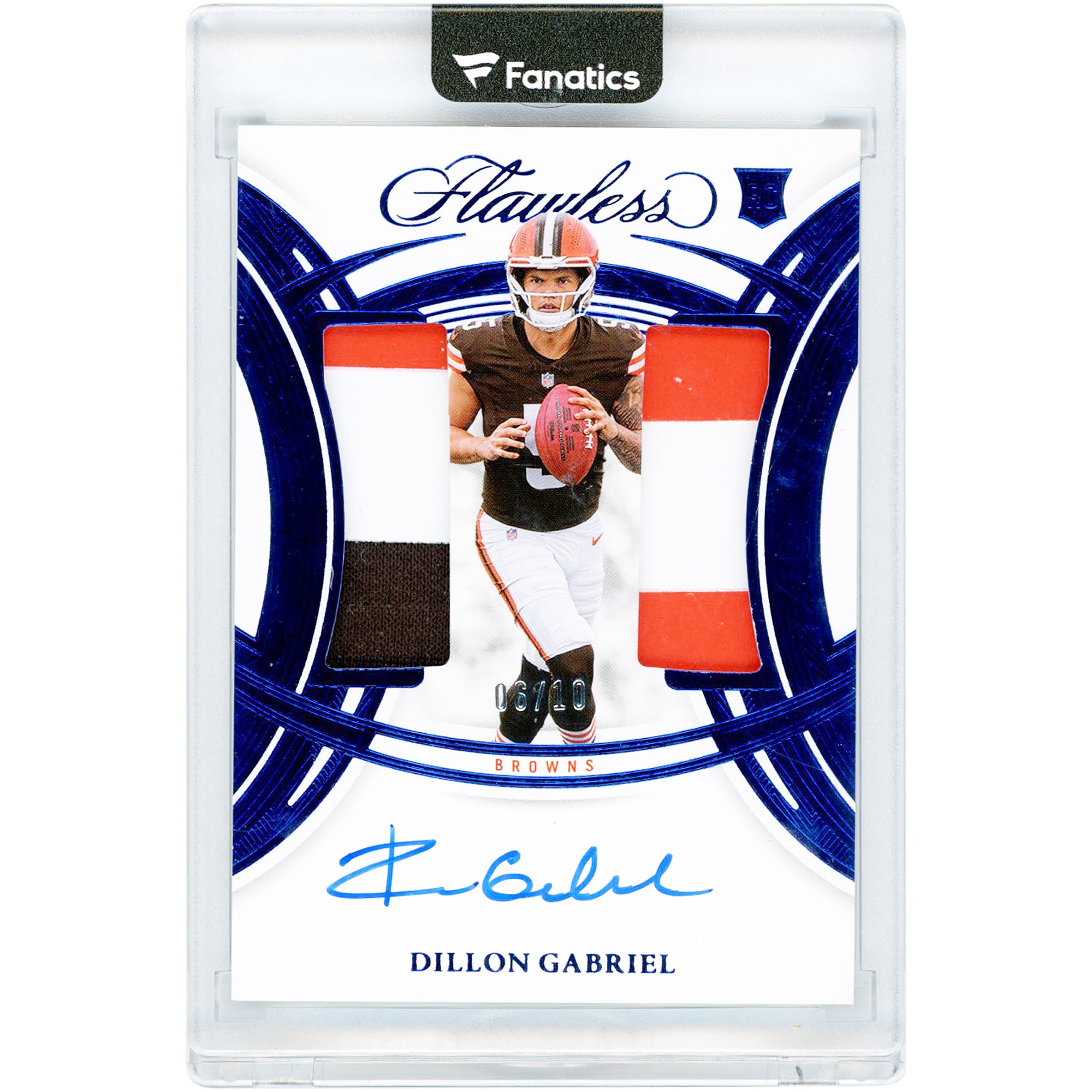 Dillon Gabriel Cleveland Browns Autographed 2025 Panini Flawless Sapphire Rookie Dual Patch Tri-Color Relics #RDPA-DGL #6/10 Rookie Card
