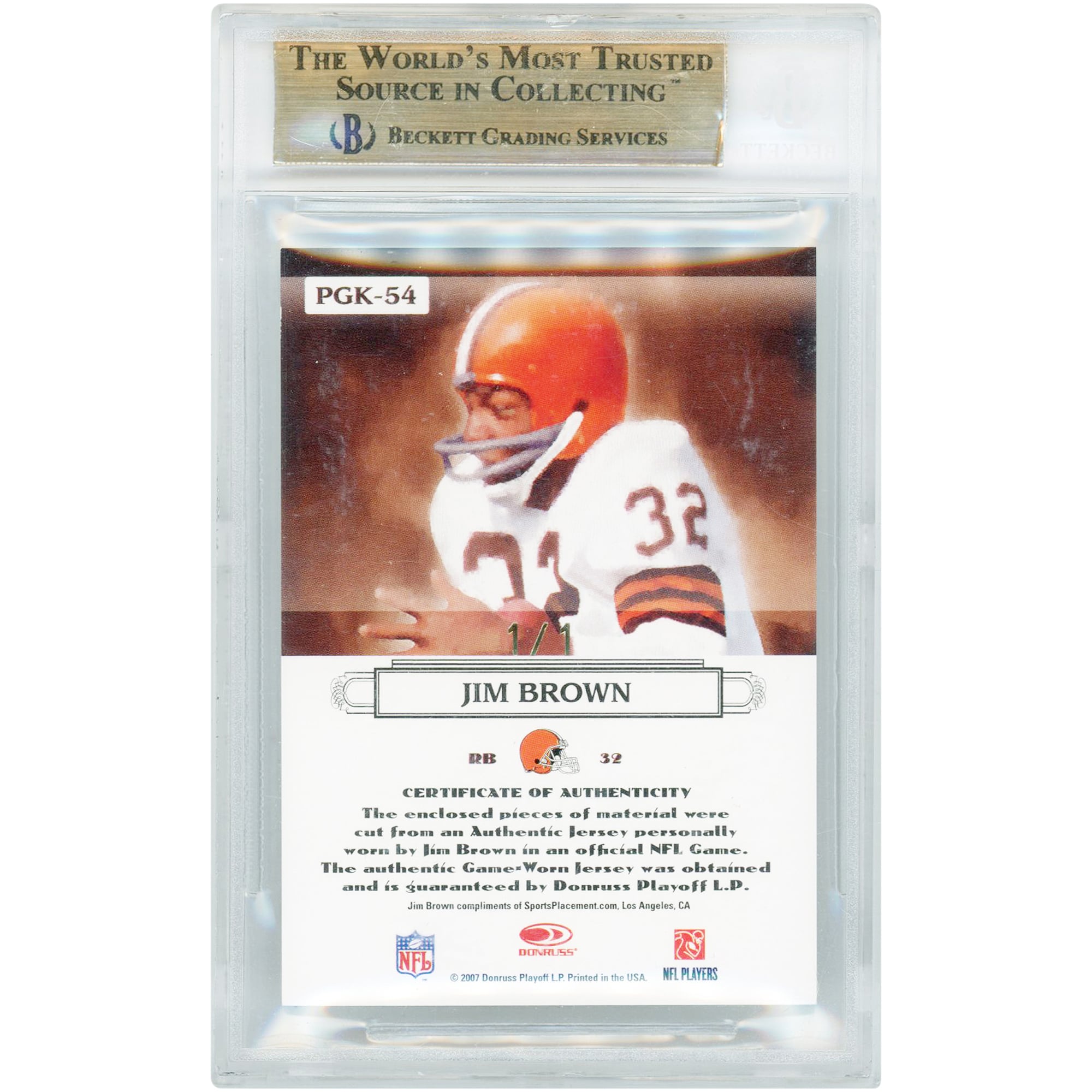 Carte Jim Brown Cleveland Browns 2007 Donruss Threads Gridiron Kings Dual Two-Color Game Used Relics #PGK-54 #1/1 authentifiée BGS