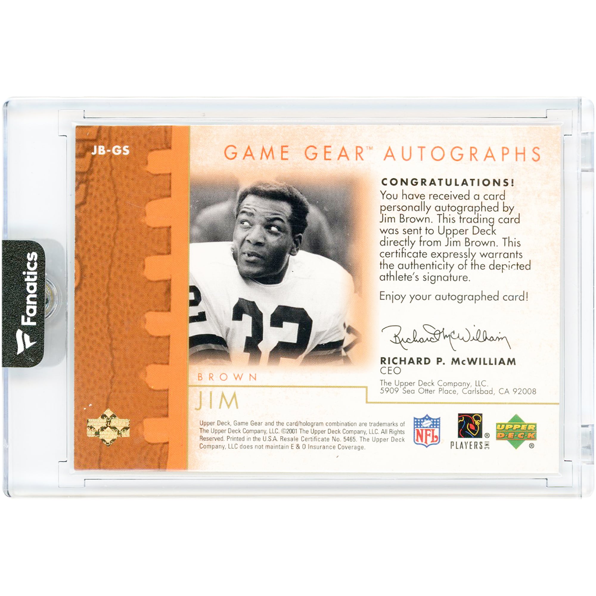 Jim Brown Cleveland Browns Autographed 2001 Upper Deck Game Gear Autographs #JB-GS Card
