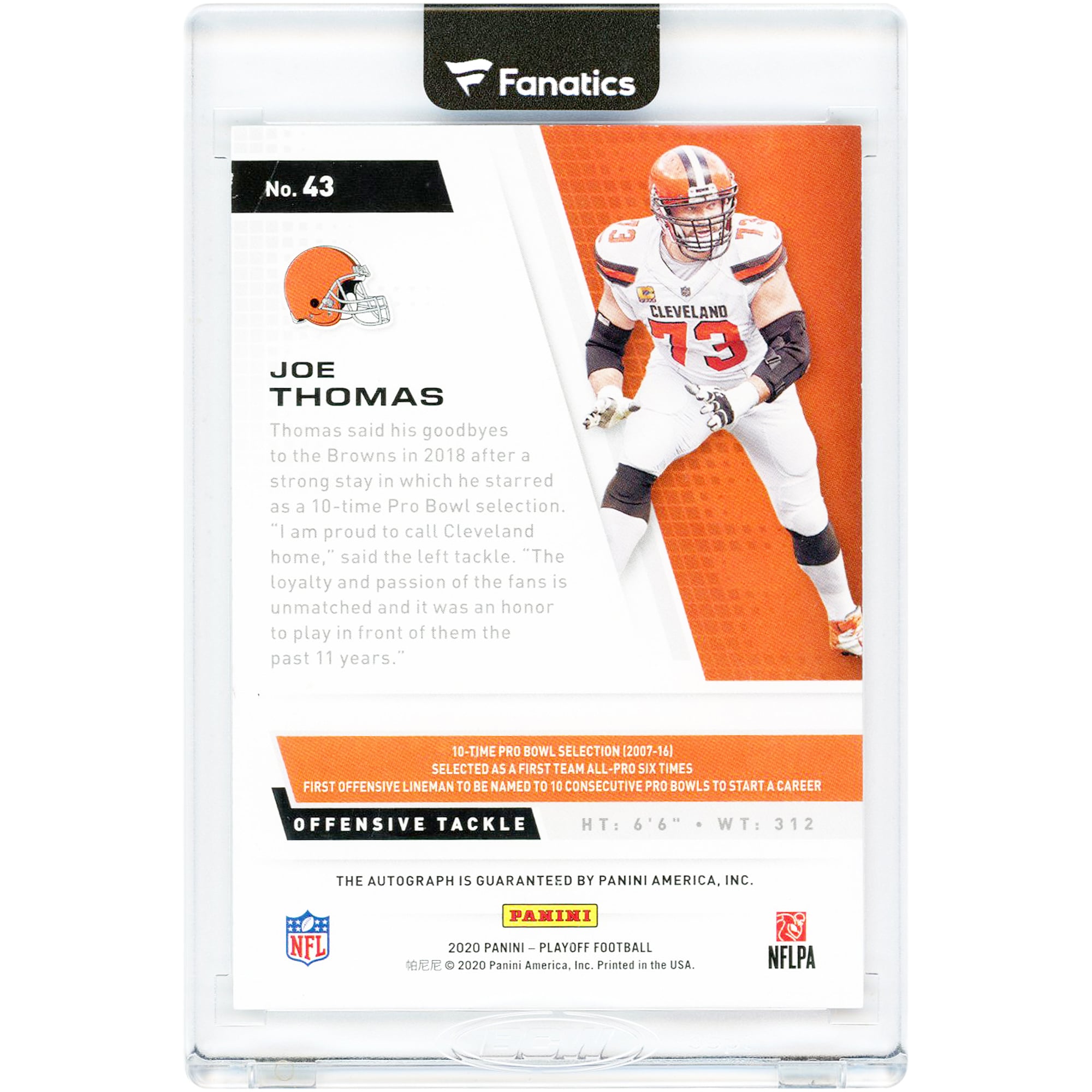 Joe Thomas Cleveland Browns Autographed 2020 Panini Playoff #43 Card