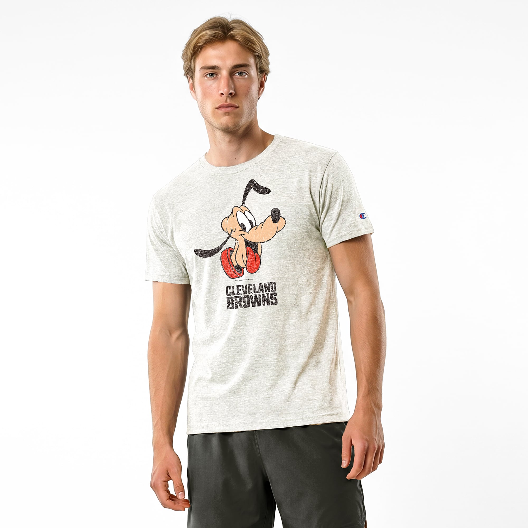 Men's Disney x Champion Cream Cleveland Browns Pluto Tri-Blend T-Shirt