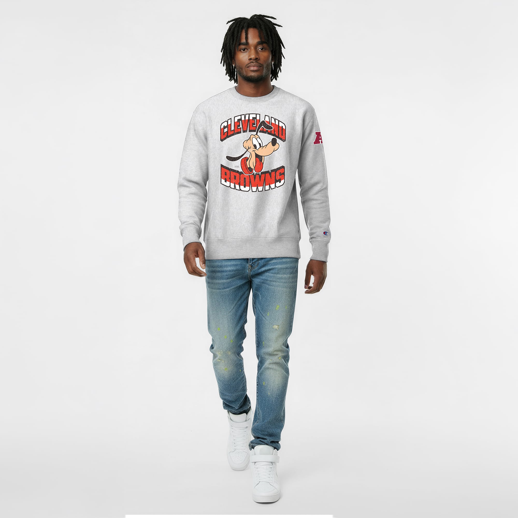 Men's Disney x Champion Heather Gray Cleveland Browns Pluto Reverse Weave Sweatshirt