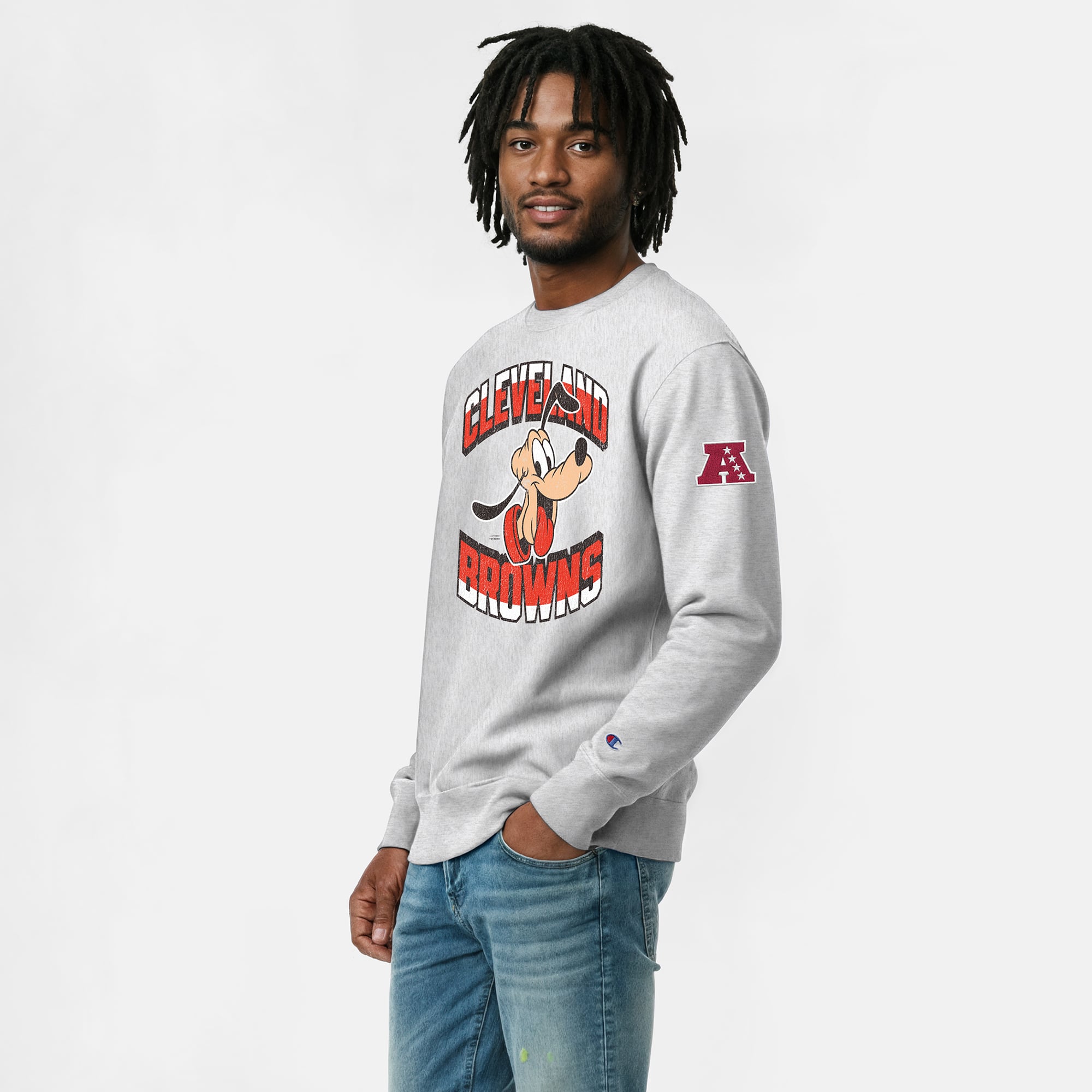 Men's Disney x Champion Heather Gray Cleveland Browns Pluto Reverse Weave Sweatshirt