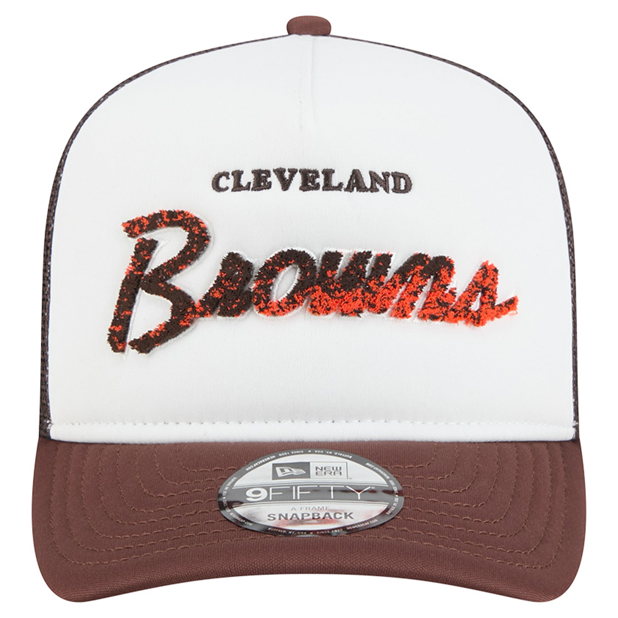 Men's New Era White/Brown Cleveland Browns Foam A-Frame 9FIFTY Snapback Trucker Hat
