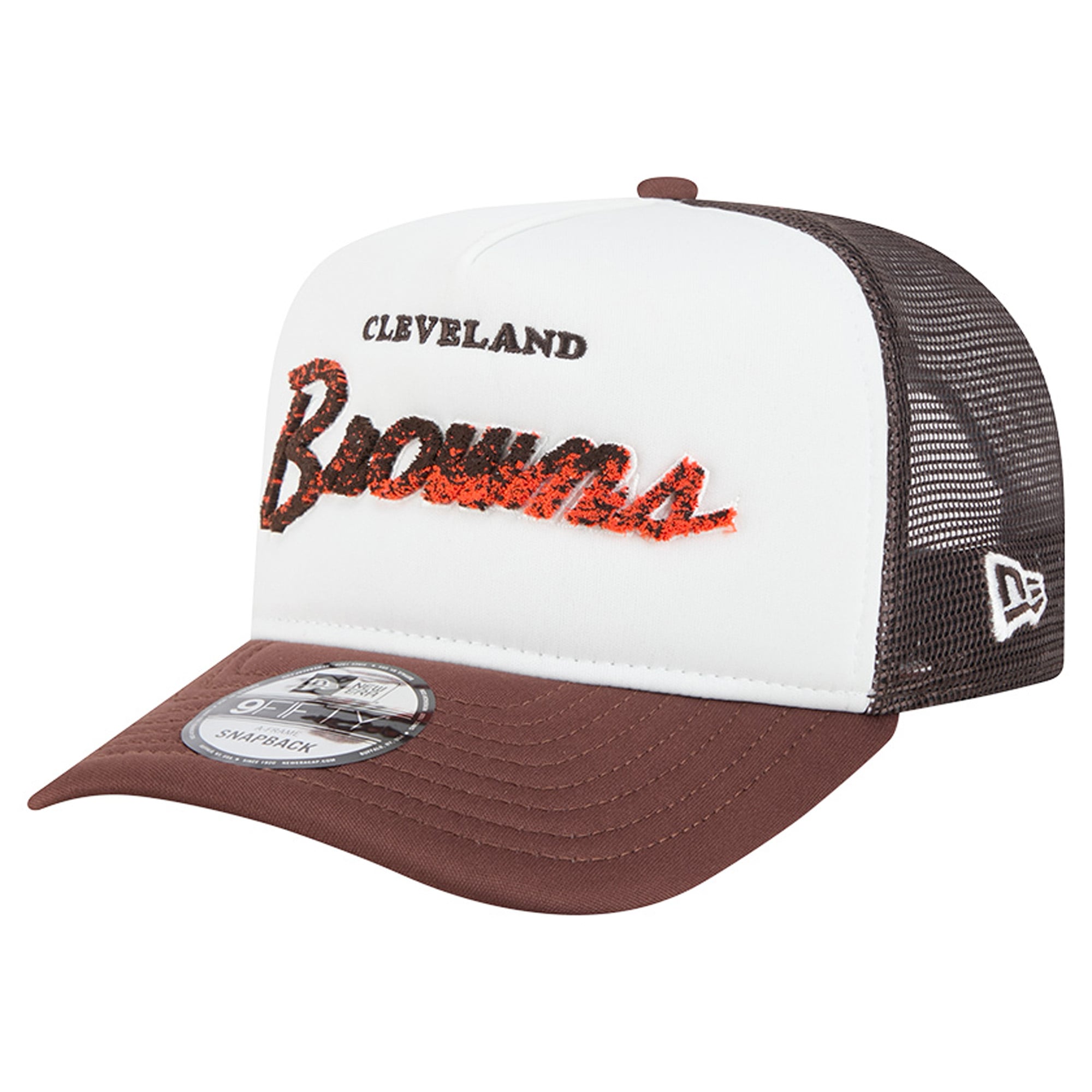 Men's New Era White/Brown Cleveland Browns Foam A-Frame 9FIFTY Snapback Trucker Hat
