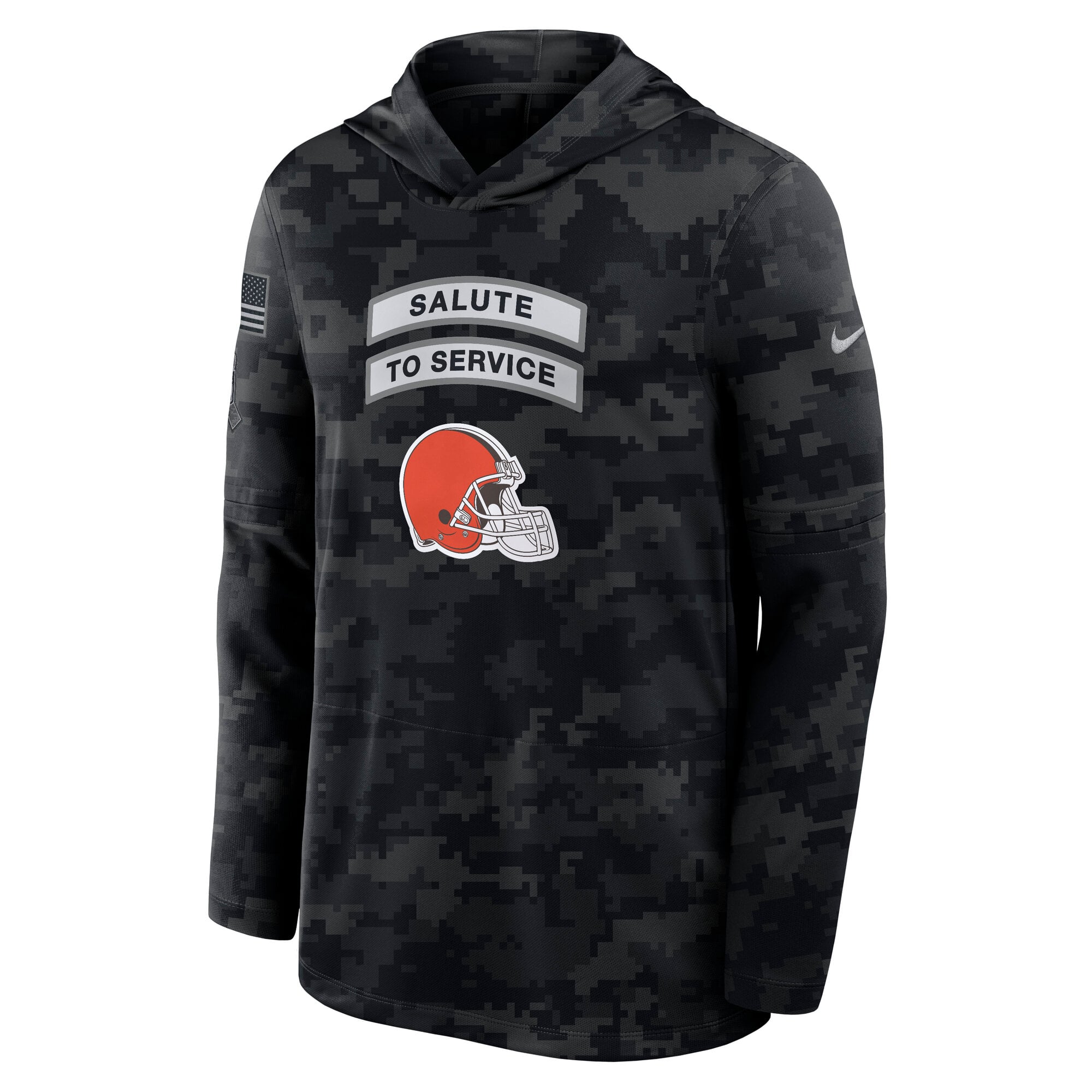 T-shirt à manches longues Nike Cleveland Browns noir pour homme, collection Salute to Service 2026, léger, capuche et technologie Dri-FIT.