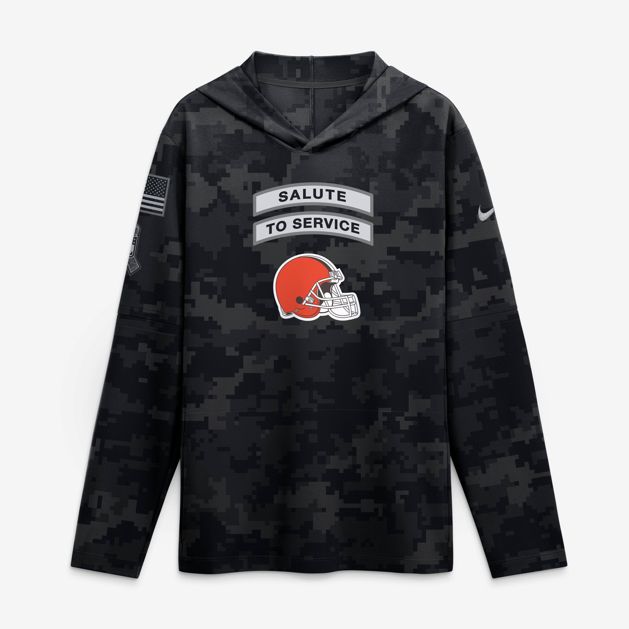 T-shirt à manches longues Nike Cleveland Browns noir pour homme, collection Salute to Service 2026, léger, capuche et technologie Dri-FIT.