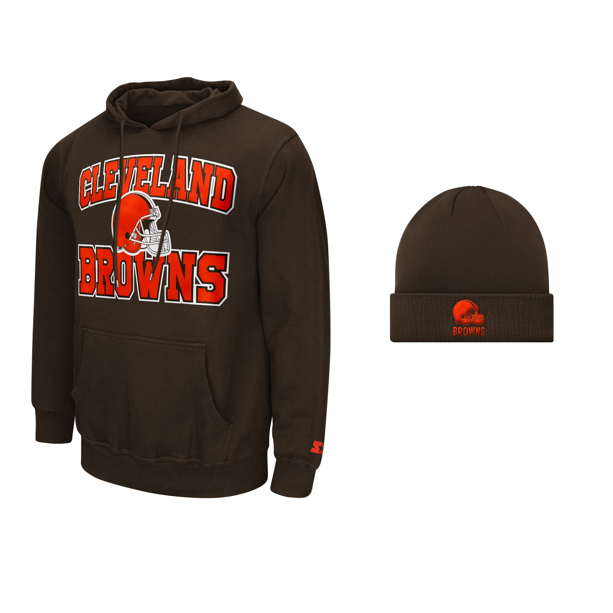 Men's Starter Brown Cleveland Browns Hoodie and Cuffed Knit Hat Combo Pack