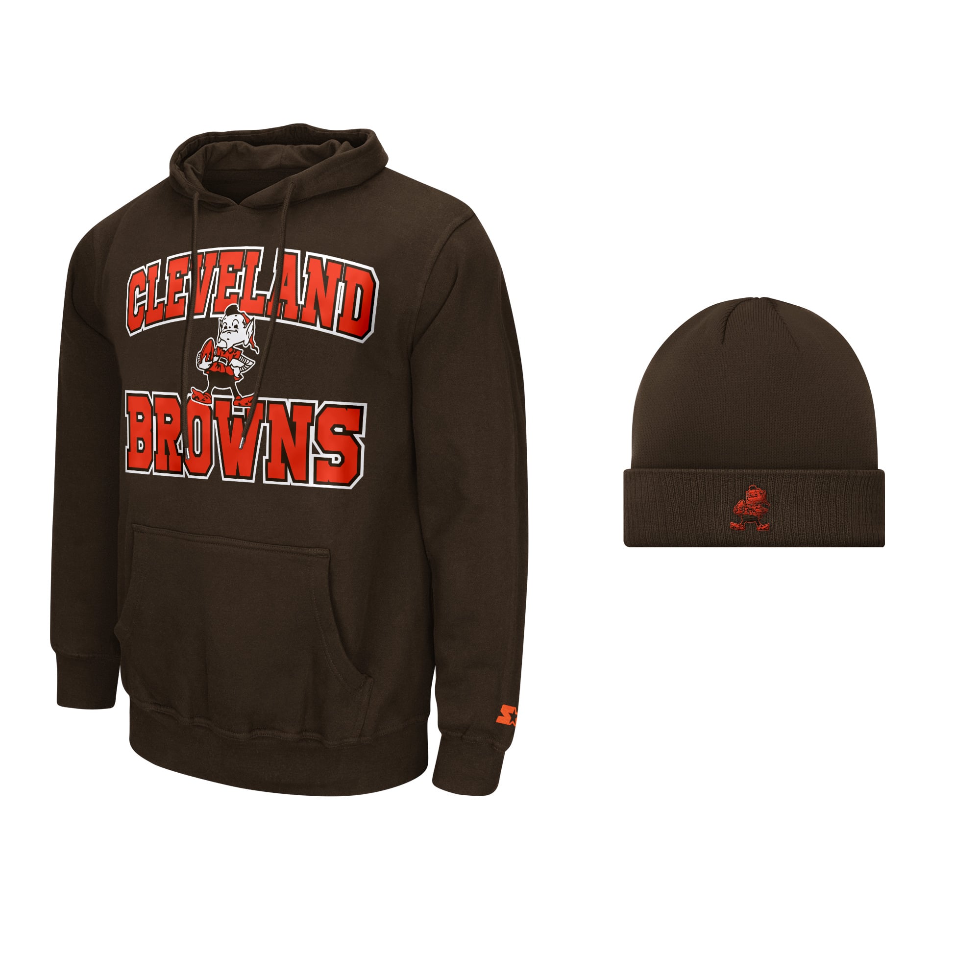 Men's Starter Brown Cleveland Browns Hoodie and Cuffed Knit Hat Combo Pack
