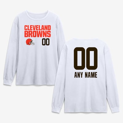 Cleveland Browns  Touchdown Wordmark Personalized Name & Number Long Sleeve T-Shirt - White