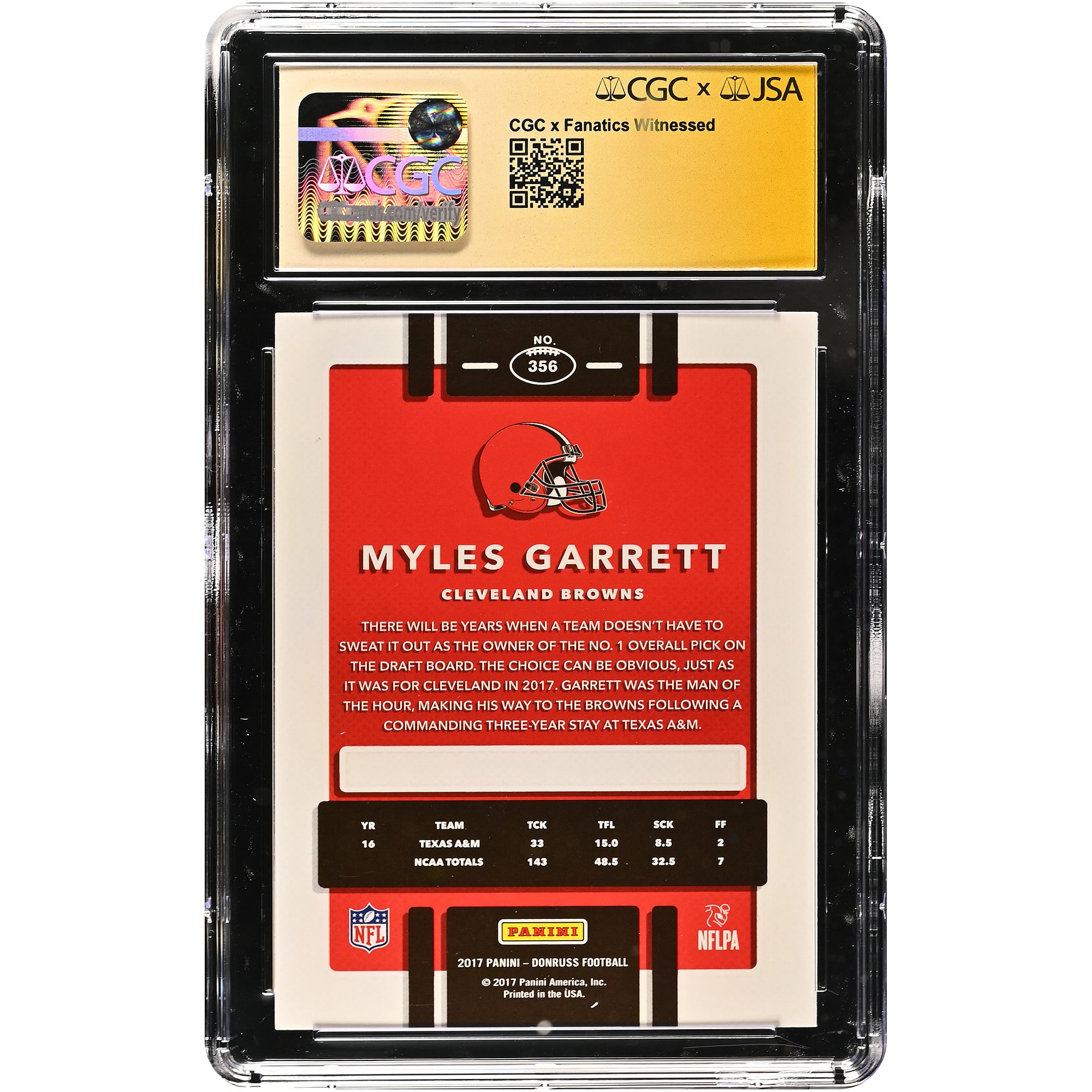 Myles Garrett Cleveland Browns Autographed 2017 Donruss #356 CGC Fanatics Witnessed Authenticated 10/10 Rookie Card