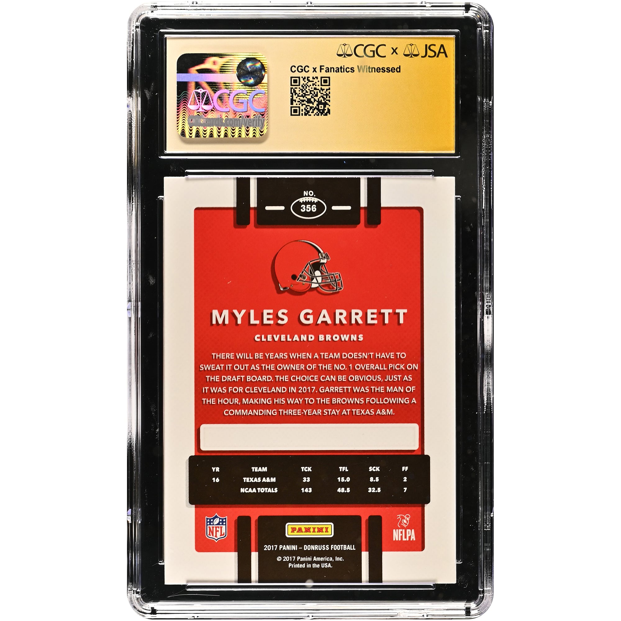 Carte de recrue Myles Garrett Cleveland Browns autographiée 2017 Donruss #356, authentifiée CGC Fanatics Witnessed 9/10