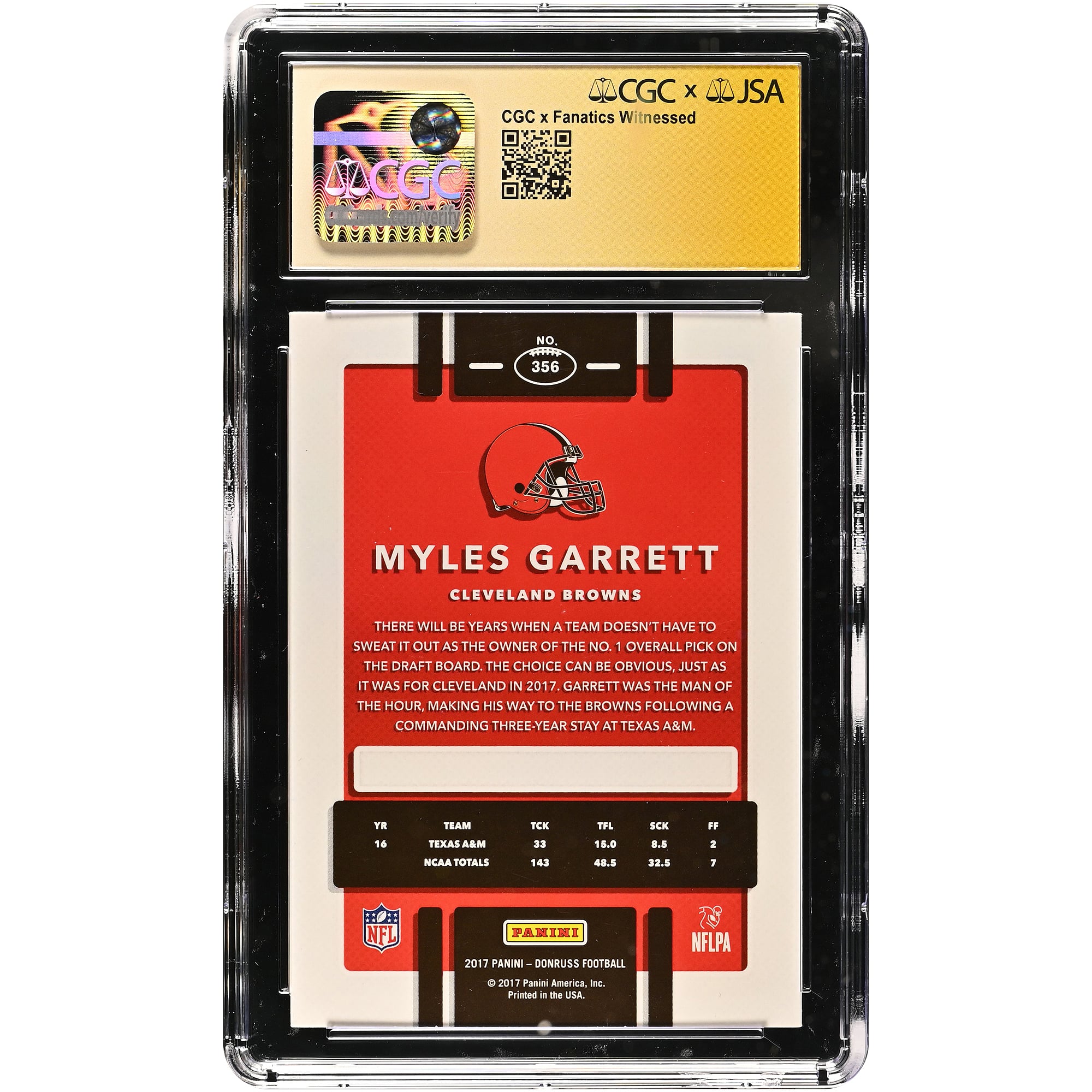 Carte de recrue autographiée de Myles Garrett (Cleveland Browns), Donruss 2017, n° 356, authentifiée par Fanatics Witnessed (CGC), note 9,5/10