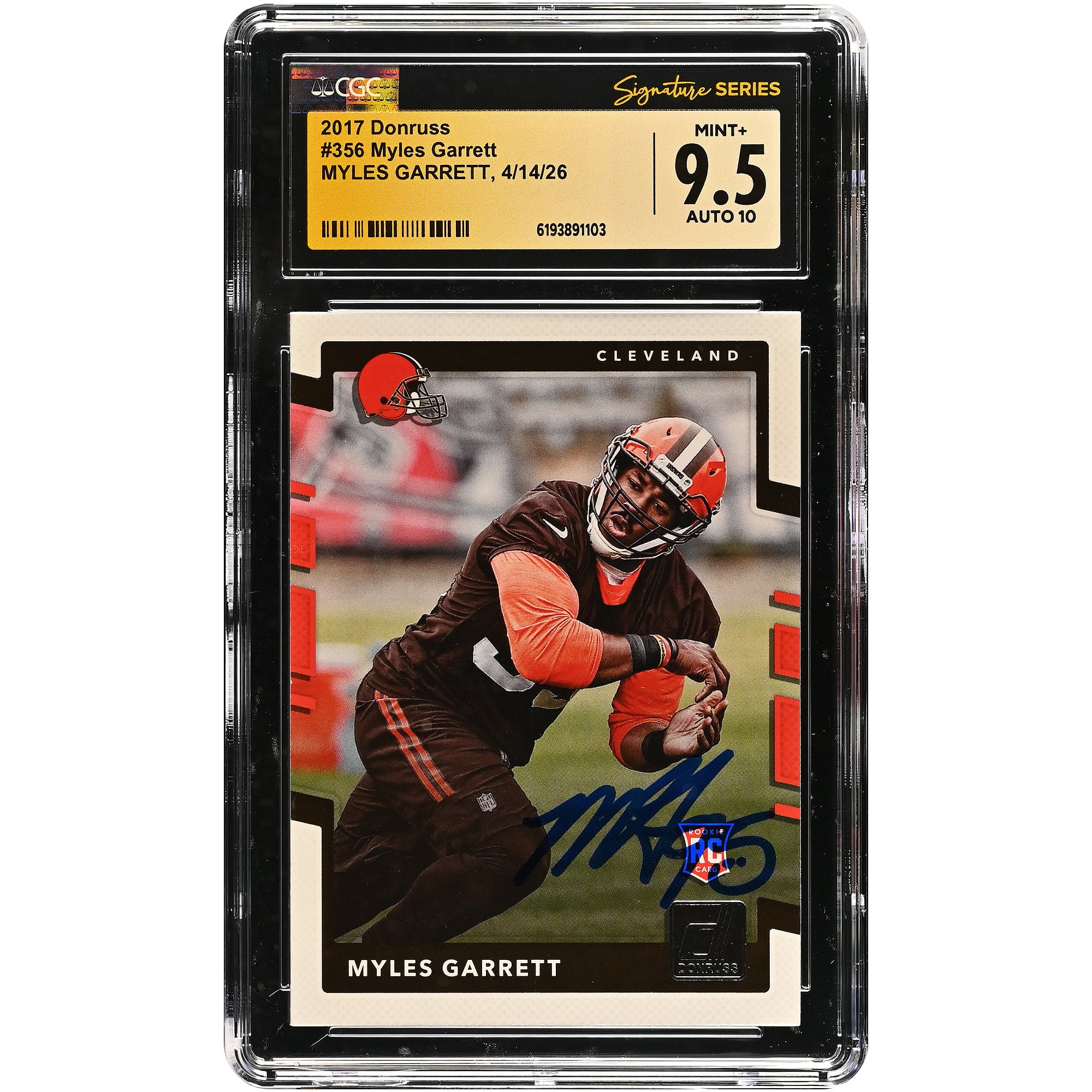 Carte de recrue autographiée de Myles Garrett (Cleveland Browns), Donruss 2017, n° 356, authentifiée par Fanatics Witnessed (CGC), note 9,5/10