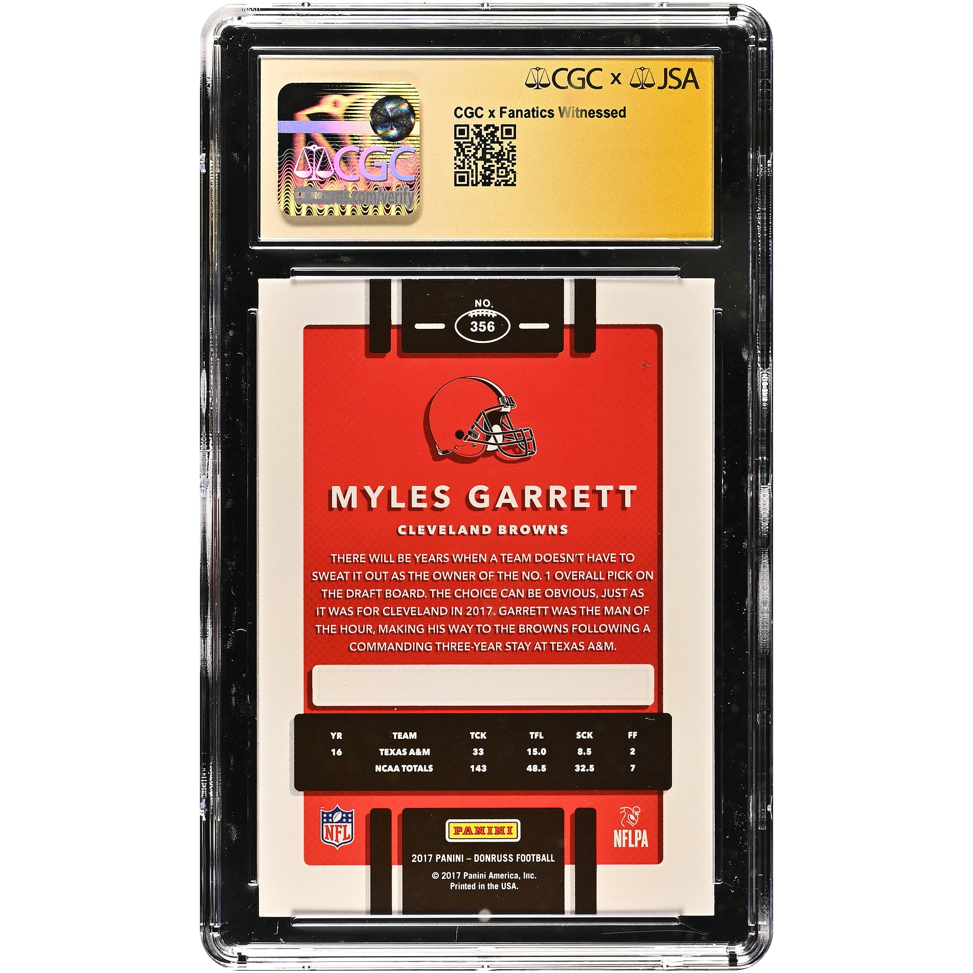 Myles Garrett Cleveland Browns Autographed 2017 Donruss #356 CGC Fanatics Witnessed Authenticated AUTO 10 Rookie Card