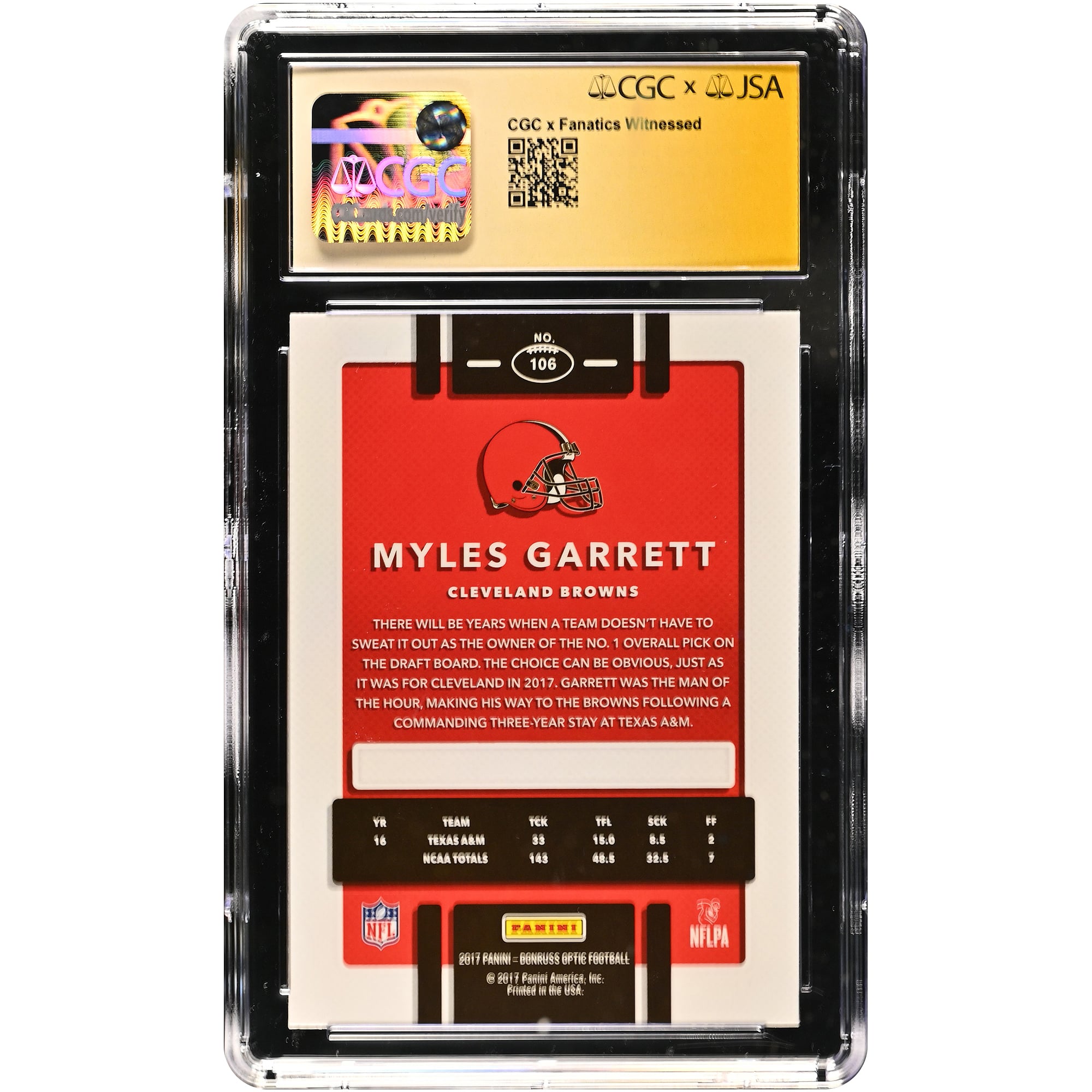 Carte de recrue Myles Garrett Cleveland Browns autographiée, 2017 Donruss Optic n° 106, authentifiée CGC Fanatics Witnessed 10/10