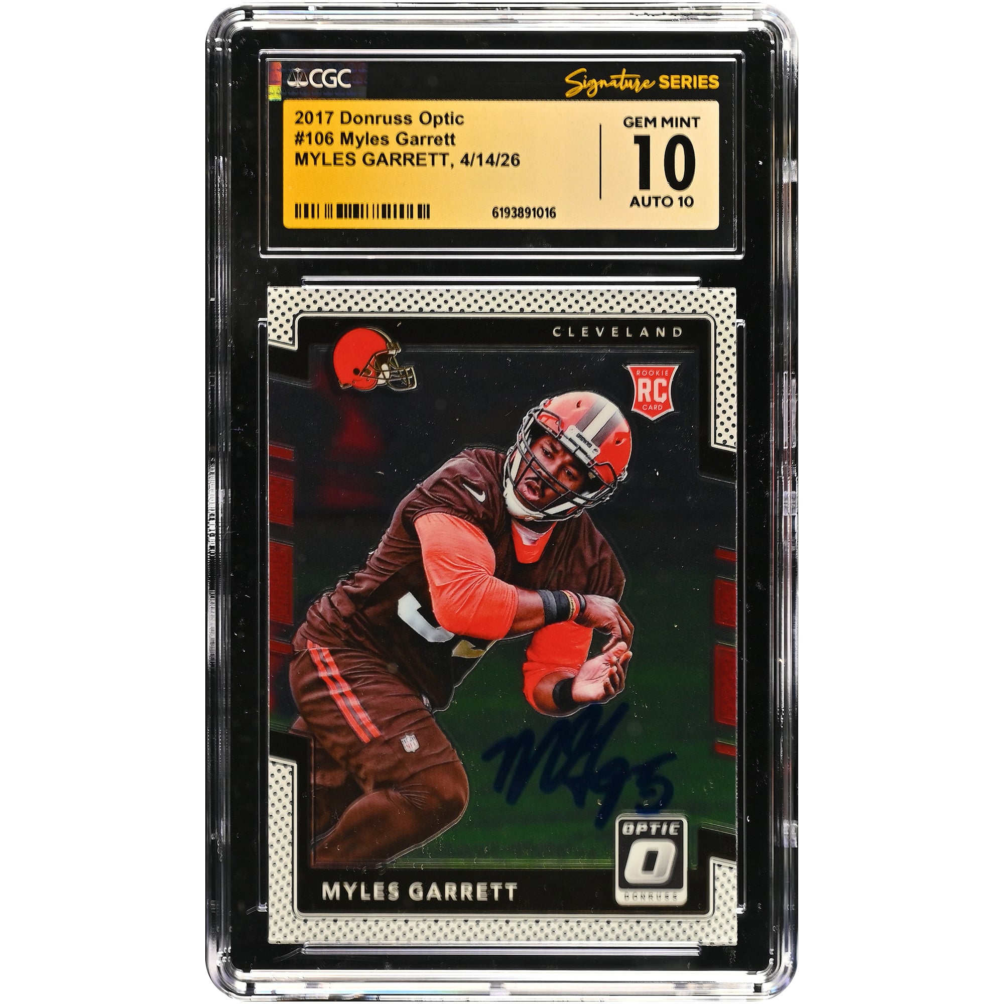 Carte de recrue Myles Garrett Cleveland Browns autographiée, 2017 Donruss Optic n° 106, authentifiée CGC Fanatics Witnessed 10/10