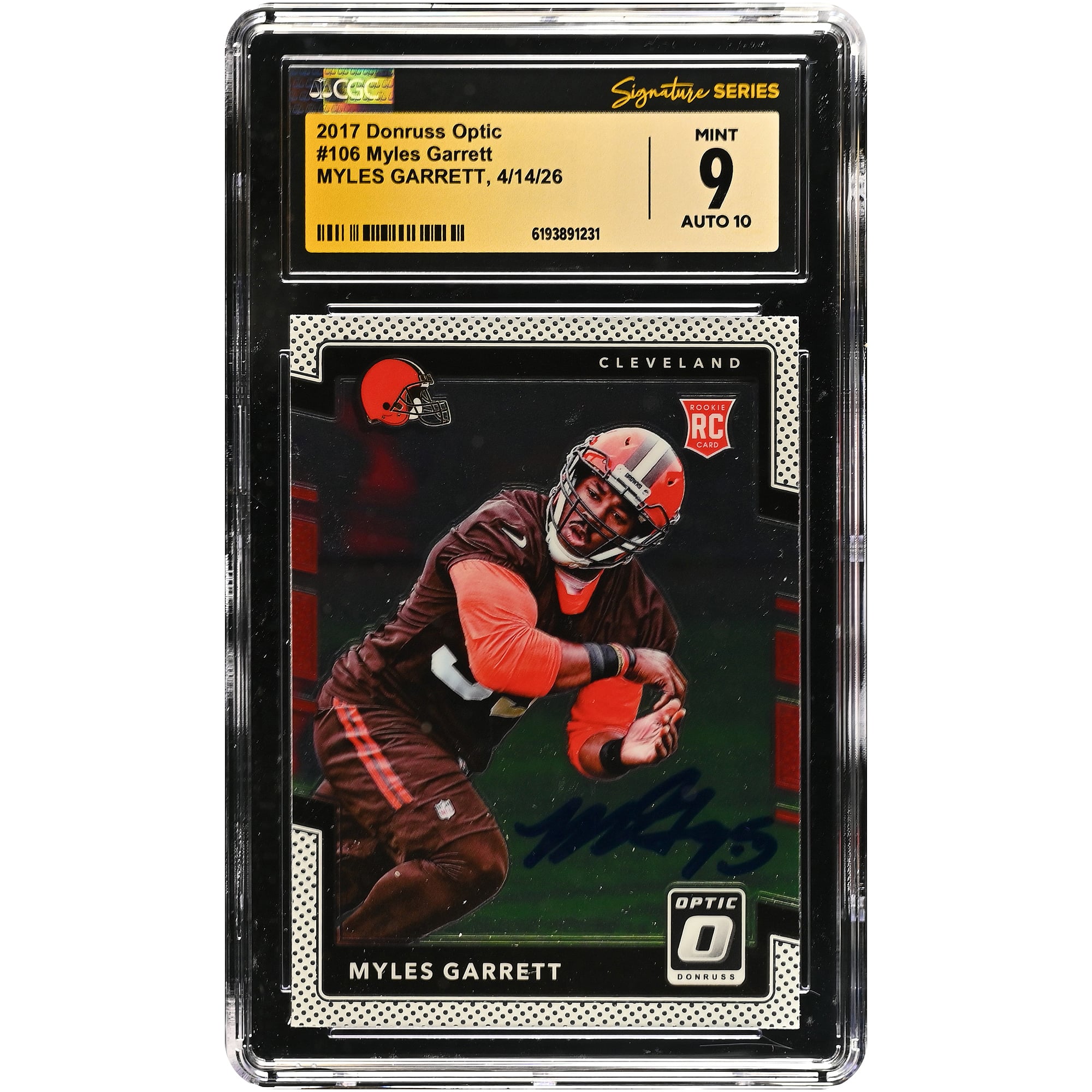 Carte de recrue Myles Garrett Cleveland Browns autographiée 2017 Donruss Optic #106, authentifiée CGC Fanatics Witnessed 9/10