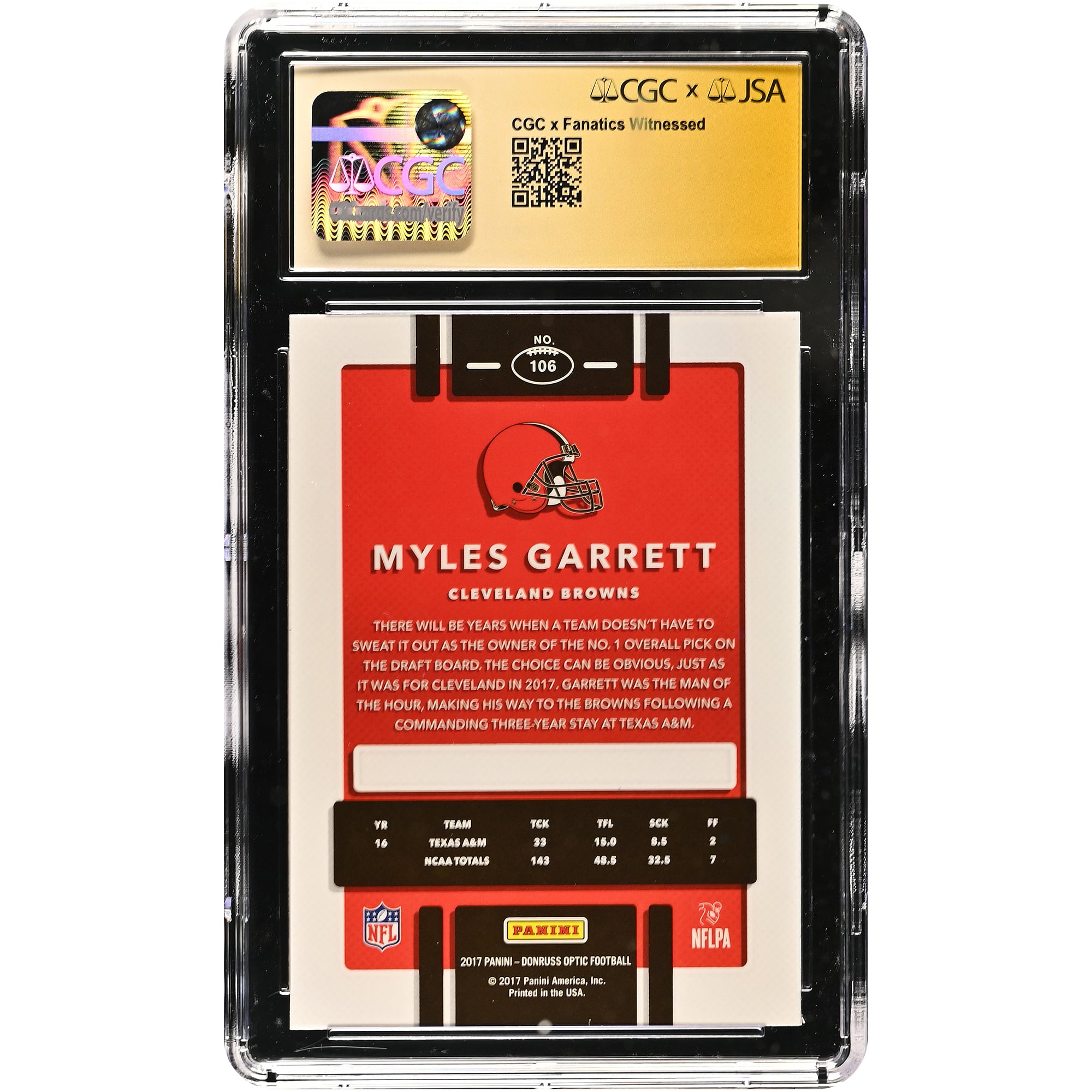Carte de recrue Myles Garrett Cleveland Browns autographiée 2017 Donruss Optic #106, authentifiée CGC Fanatics Witnessed 9/10