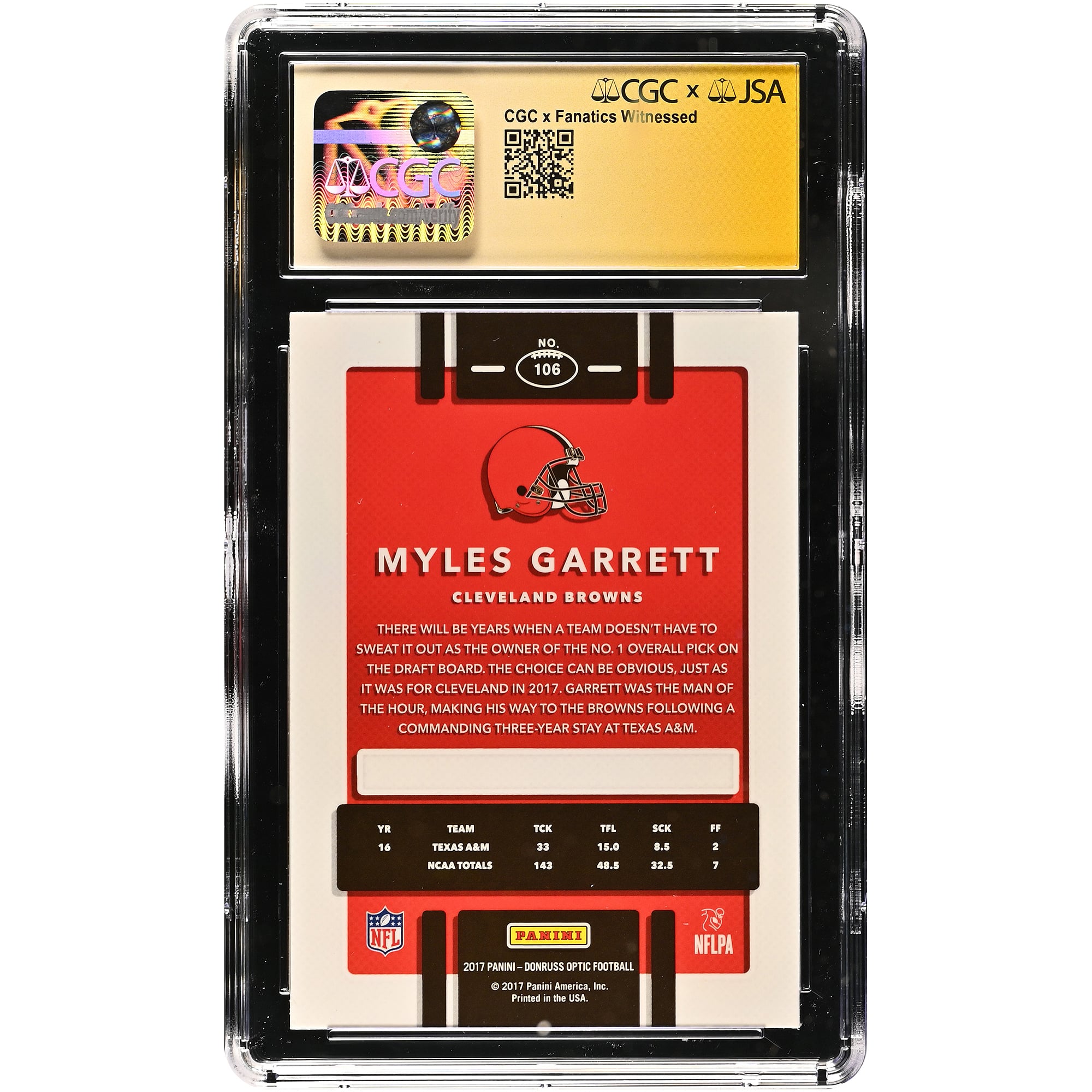 Myles Garrett Cleveland Browns Autographed 2017 Donruss Optic #106 CGC Fanatics Witnessed Authenticated /10 Rookie Card