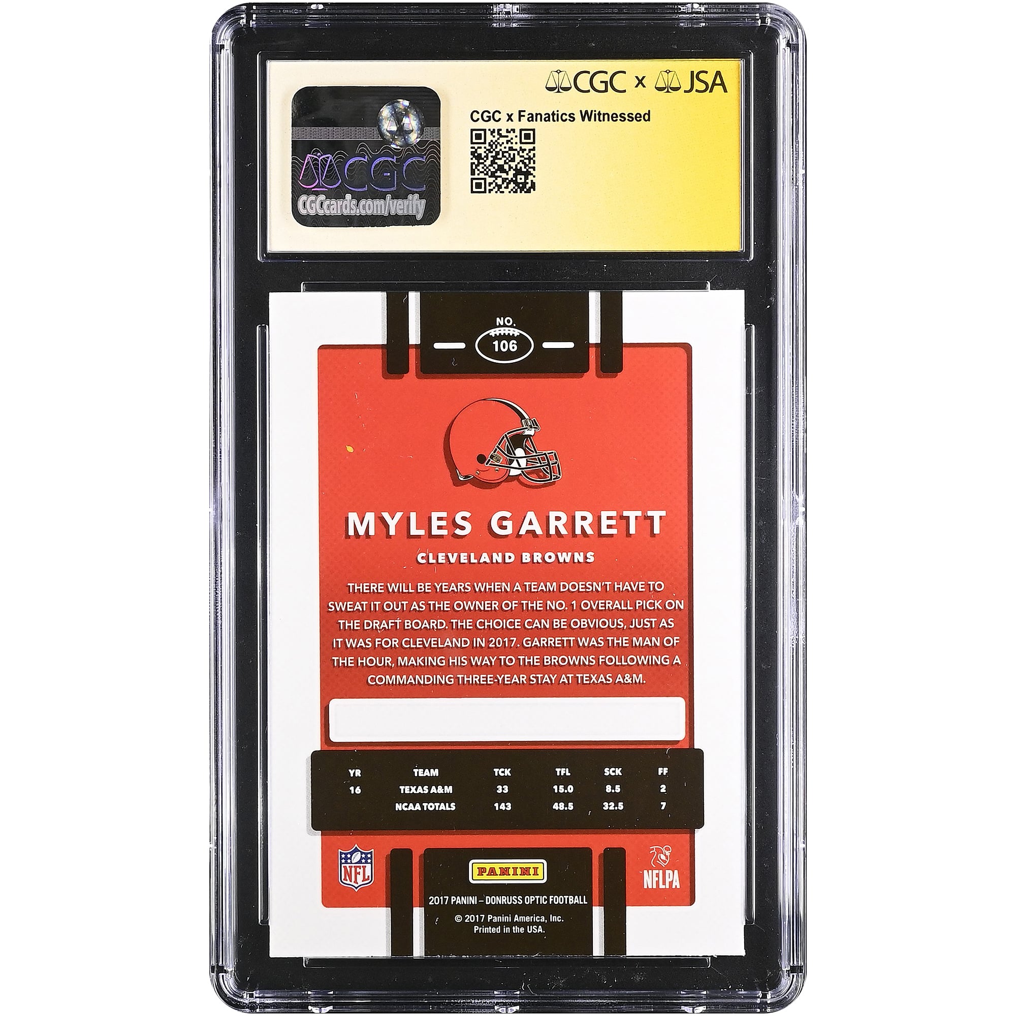Myles Garrett Cleveland Browns Autographed 2017 Donruss Optic #106 CGC Fanatics Witnessed Authenticated AUTO 10 Rookie Card