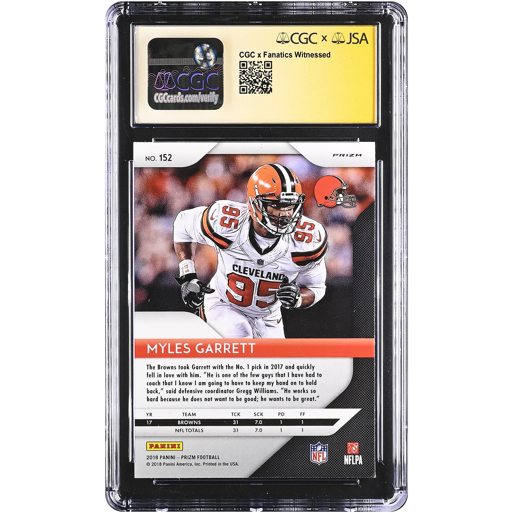 Myles Garrett Cleveland Browns Autographed 2018 Panini Prizm Green #152 CGC Fanatics Witnessed Authenticated 9/10 Card