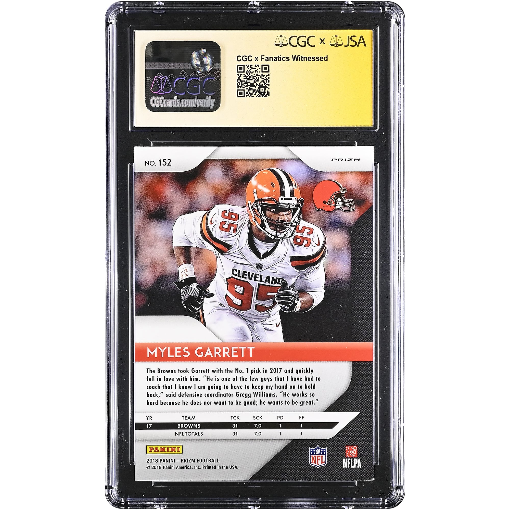Myles Garrett Cleveland Browns Autographed 2018 Panini Prizm Green #152 CGC Fanatics Witnessed Authenticated AUTO 10 Card
