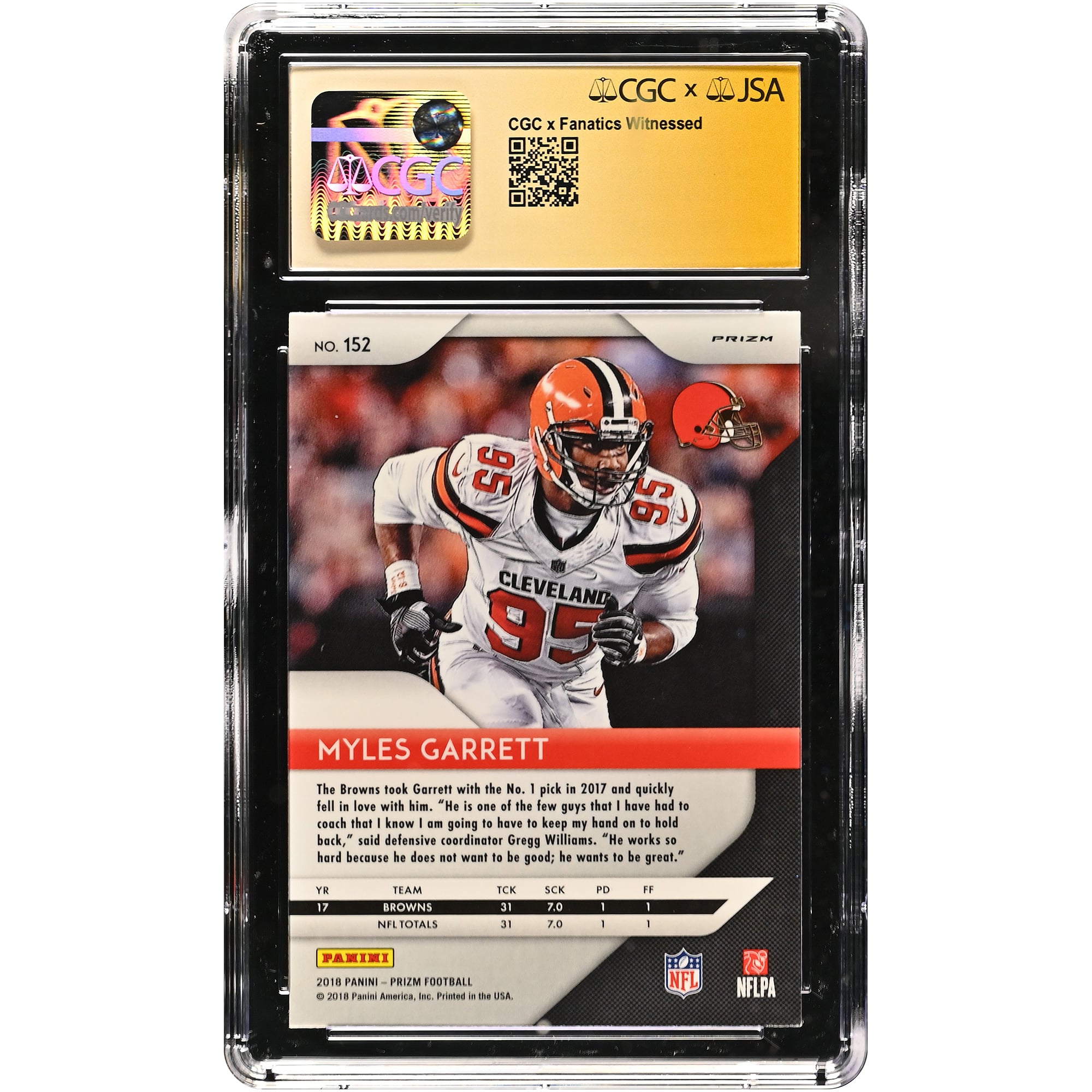 Myles Garrett Cleveland Browns Autographed 2018 Panini Prizm Red White & Blue #152 CGC Fanatics Witnessed Authenticated 9/10 Card