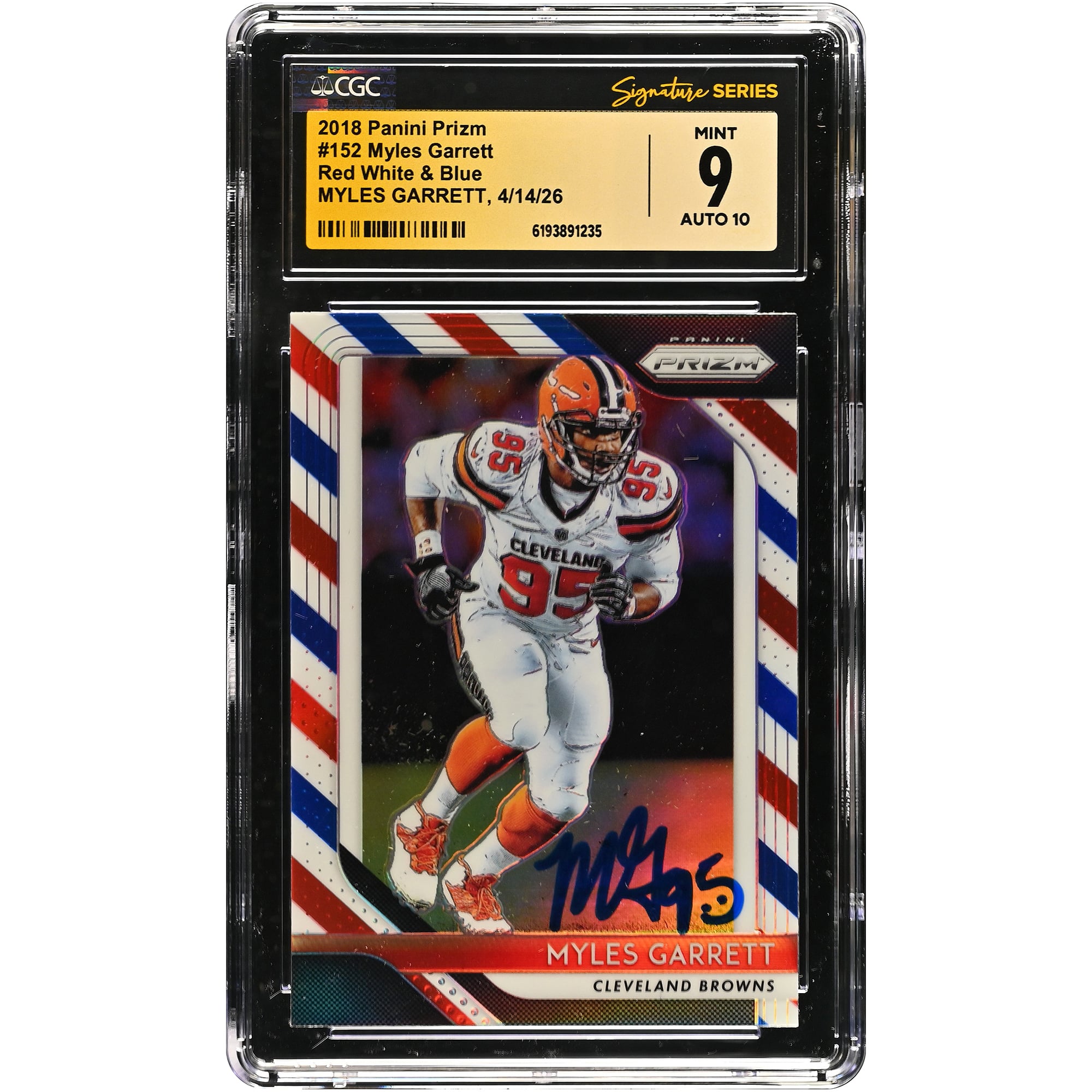 Myles Garrett Cleveland Browns Autographed 2018 Panini Prizm Red White & Blue #152 CGC Fanatics Witnessed Authenticated 9/10 Card