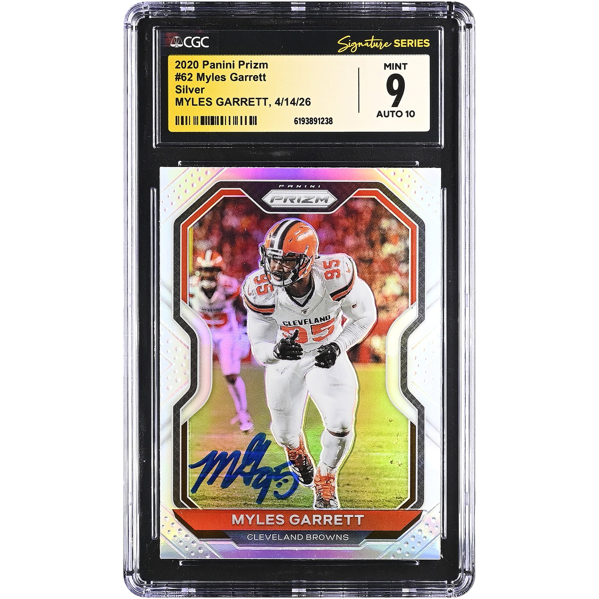 Carte autographiée de Myles Garrett (Cleveland Browns) - Panini Prizm Silver 2020 n° 62 - Authentifiée CGC Fanatics Witnessed (9/10)